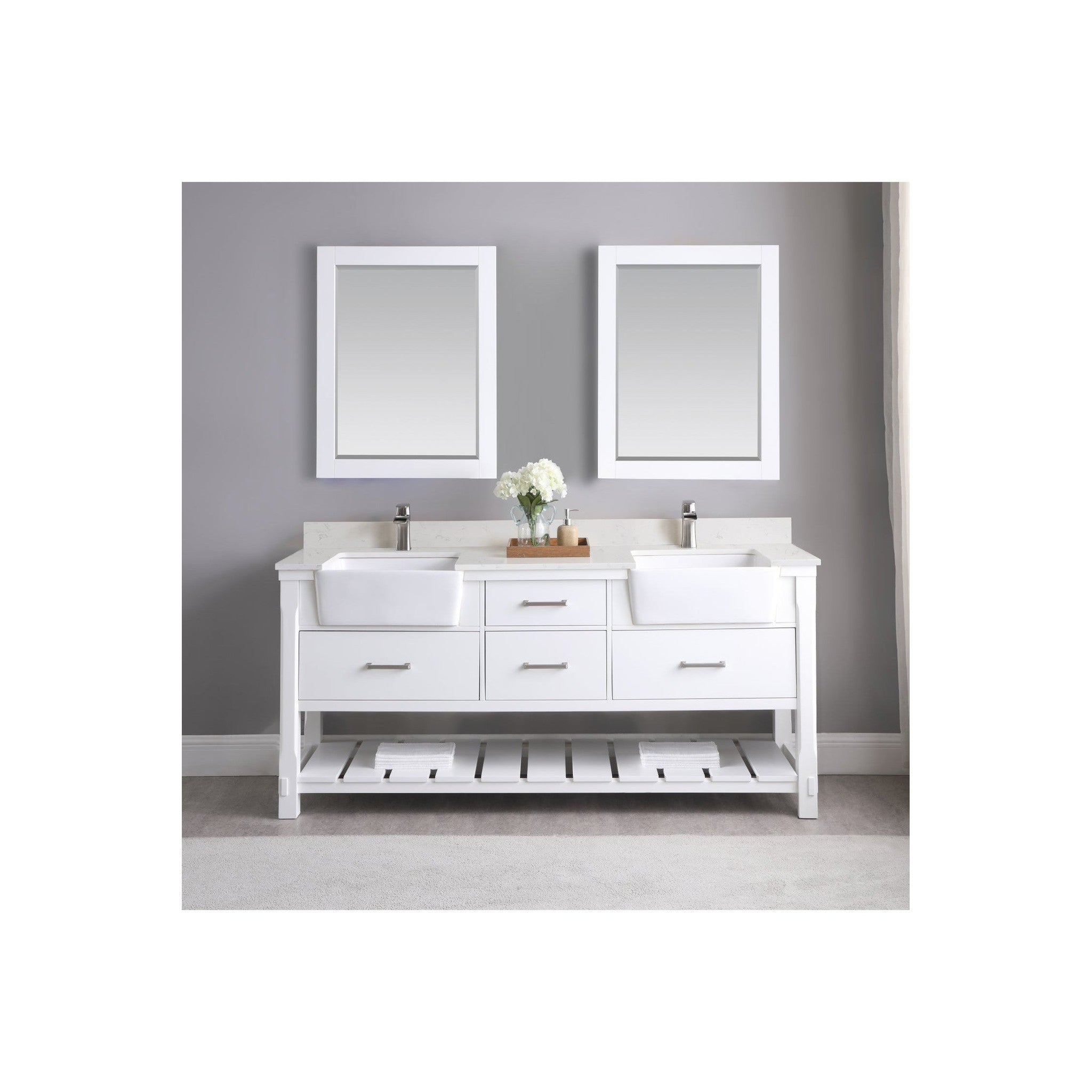 Georgia 72" Double Bathroom Vanity Set in White and Composite Carrara White Stone Top with White Farmhouse Basin with Mirror