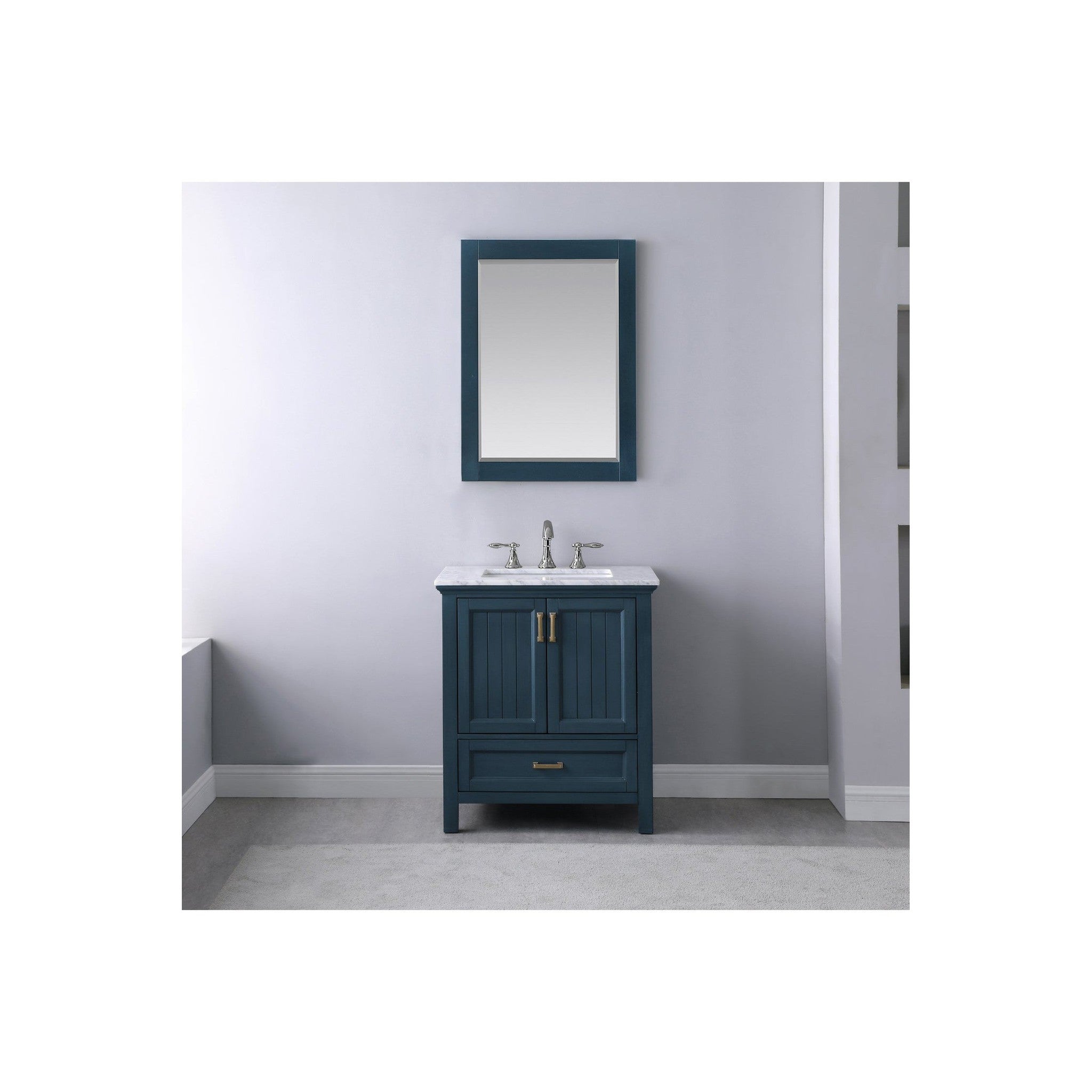 Isla 30" Single Bathroom Vanity Set in Classic Blue and Carrara White Marble Countertop with Mirror