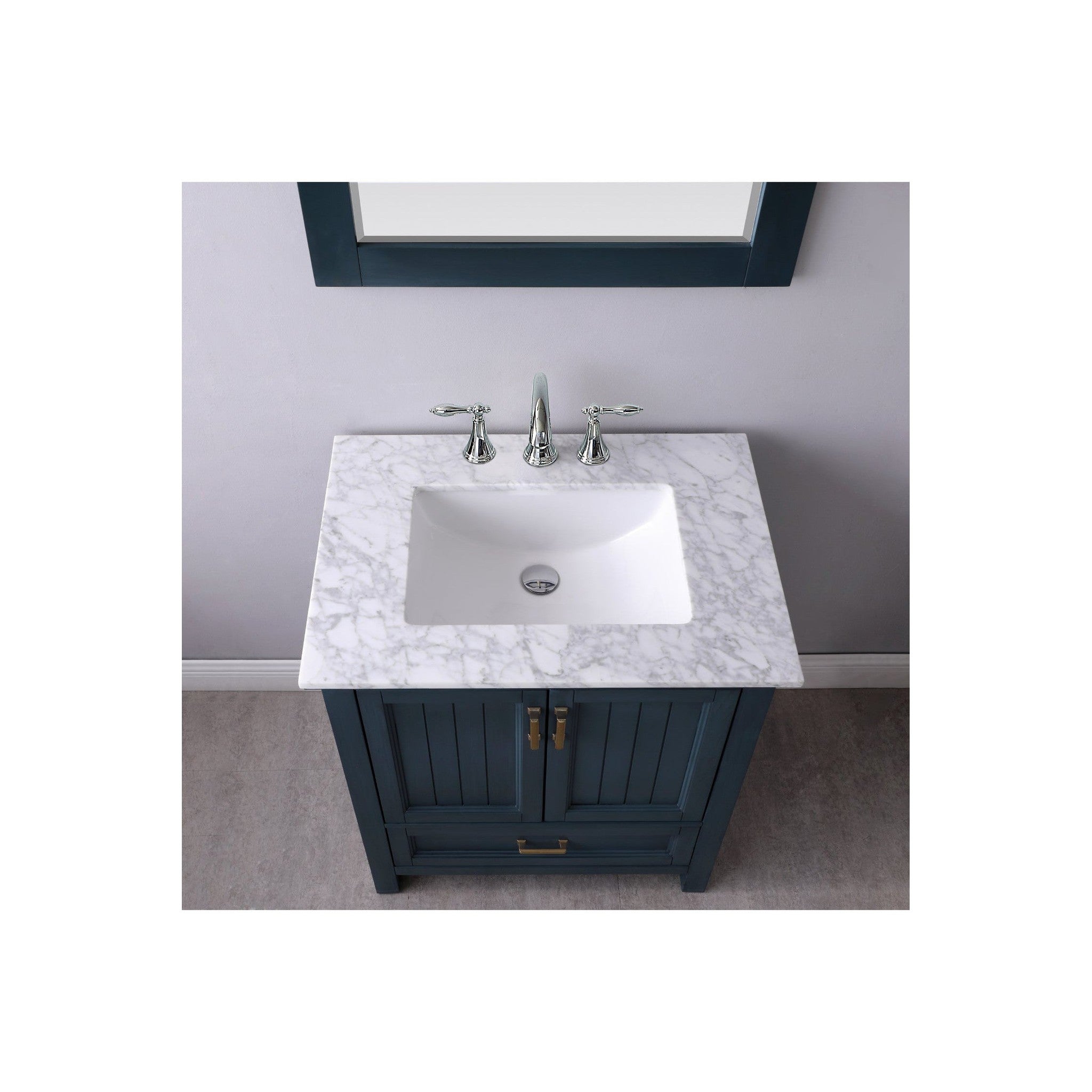 Isla 30" Single Bathroom Vanity Set in Classic Blue and Carrara White Marble Countertop with Mirror