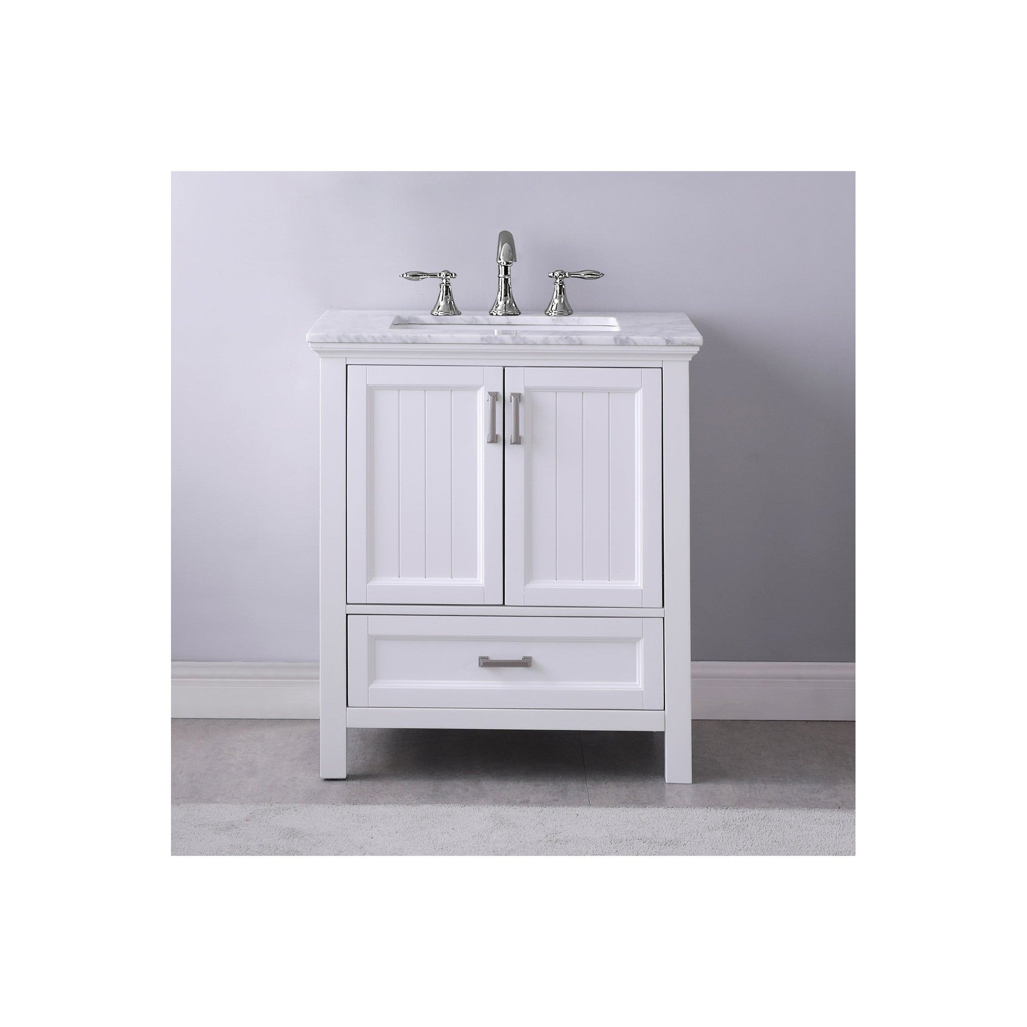 Isla 30" Single Bathroom Vanity Set in White and Carrara White Marble Countertop without Mirror