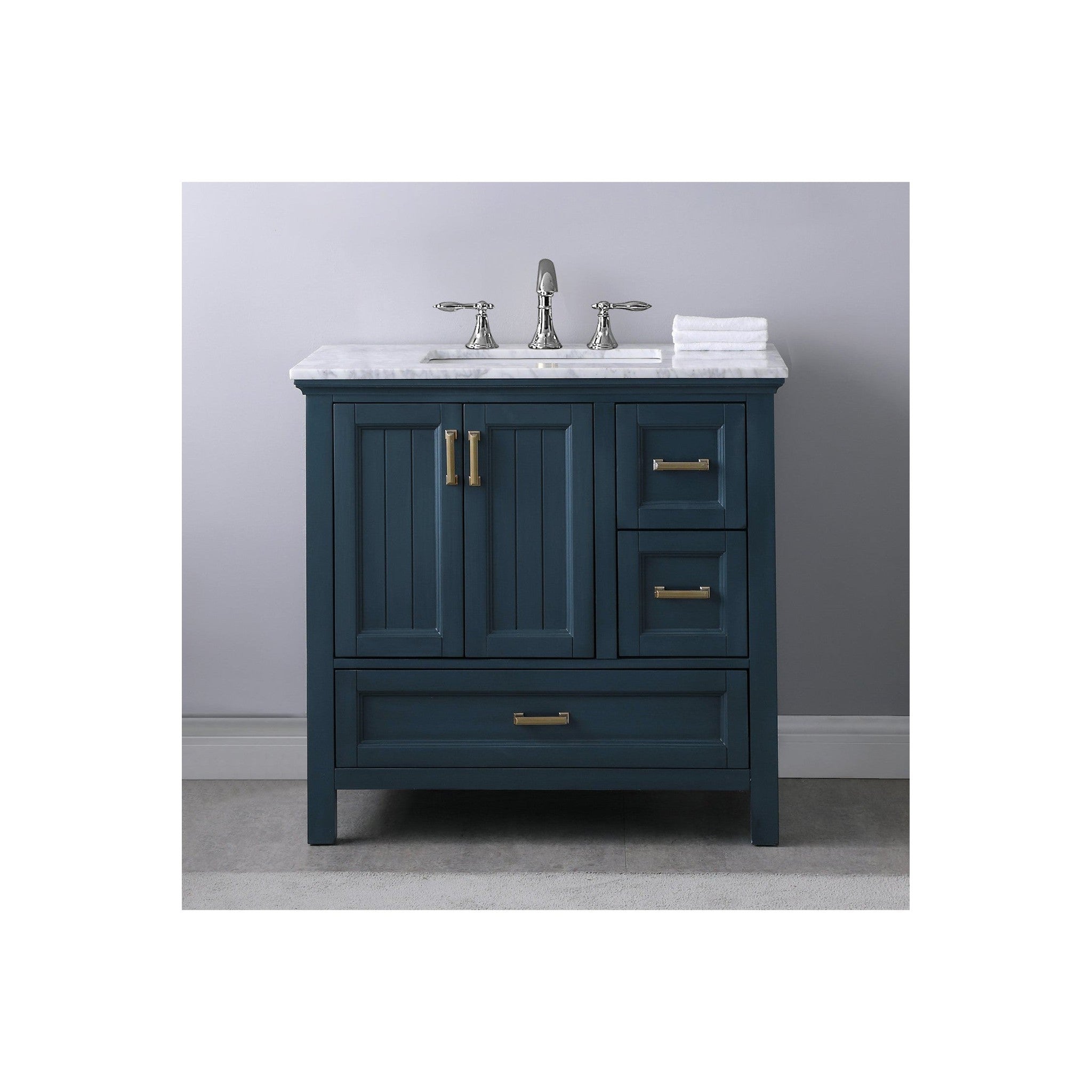 Isla 36" Single Bathroom Vanity Set in Classic Blue and Carrara White Marble Countertop without Mirror