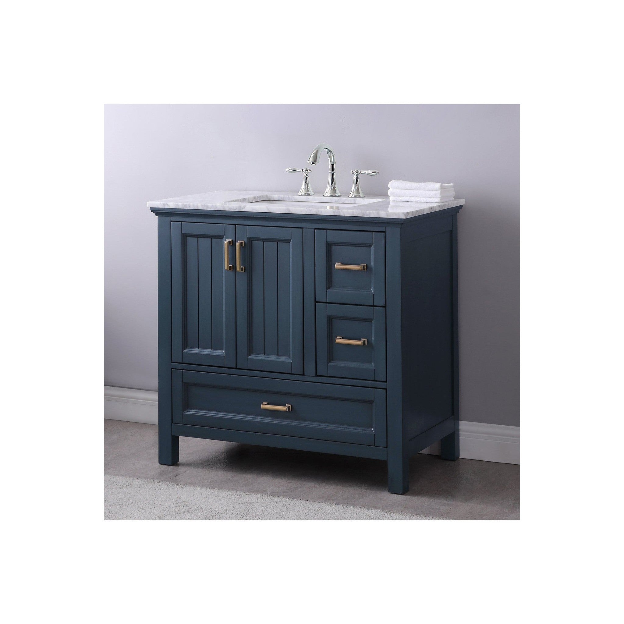 Isla 36" Single Bathroom Vanity Set in Classic Blue and Carrara White Marble Countertop without Mirror