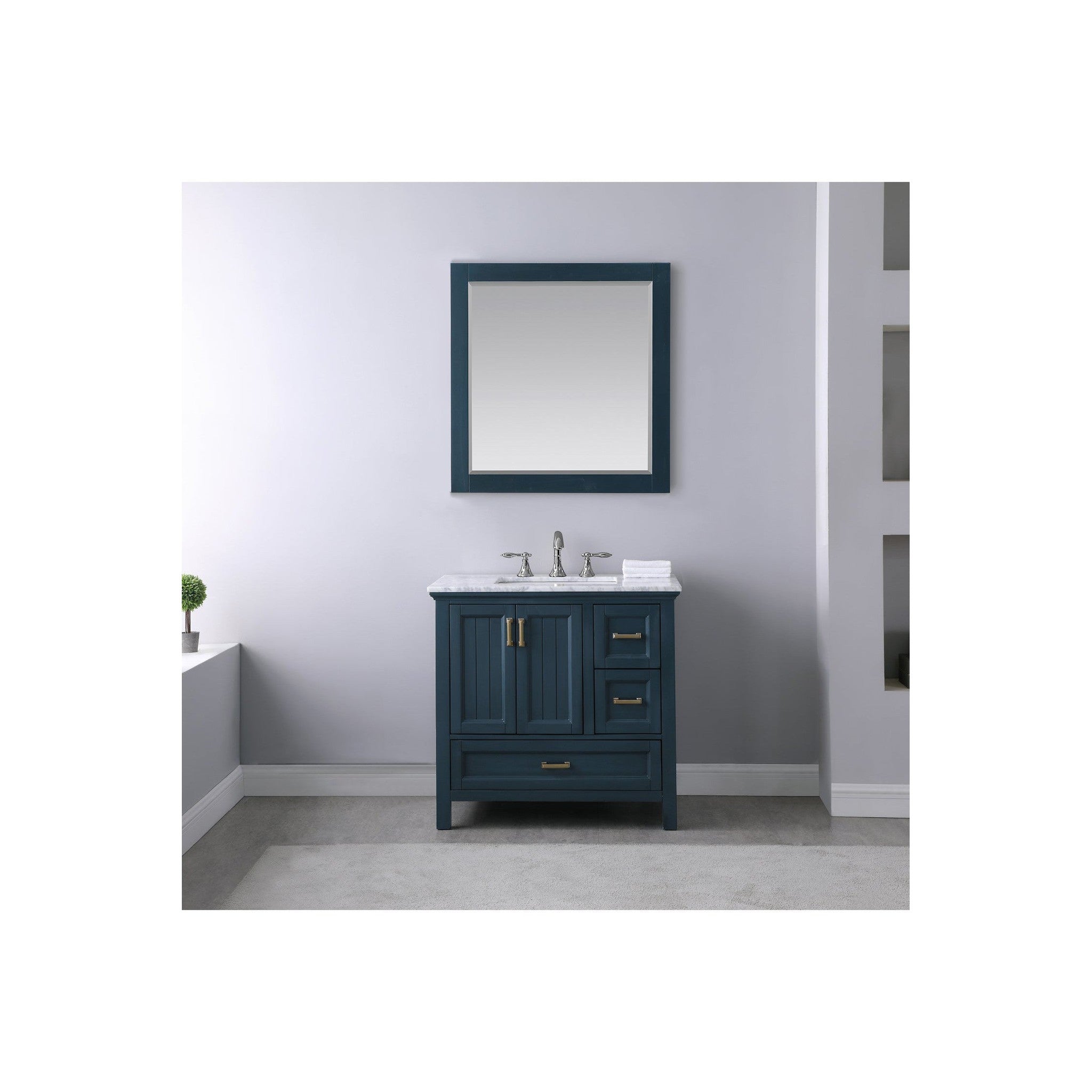 Isla 36" Single Bathroom Vanity Set in Classic Blue and Carrara White Marble Countertop with Mirror