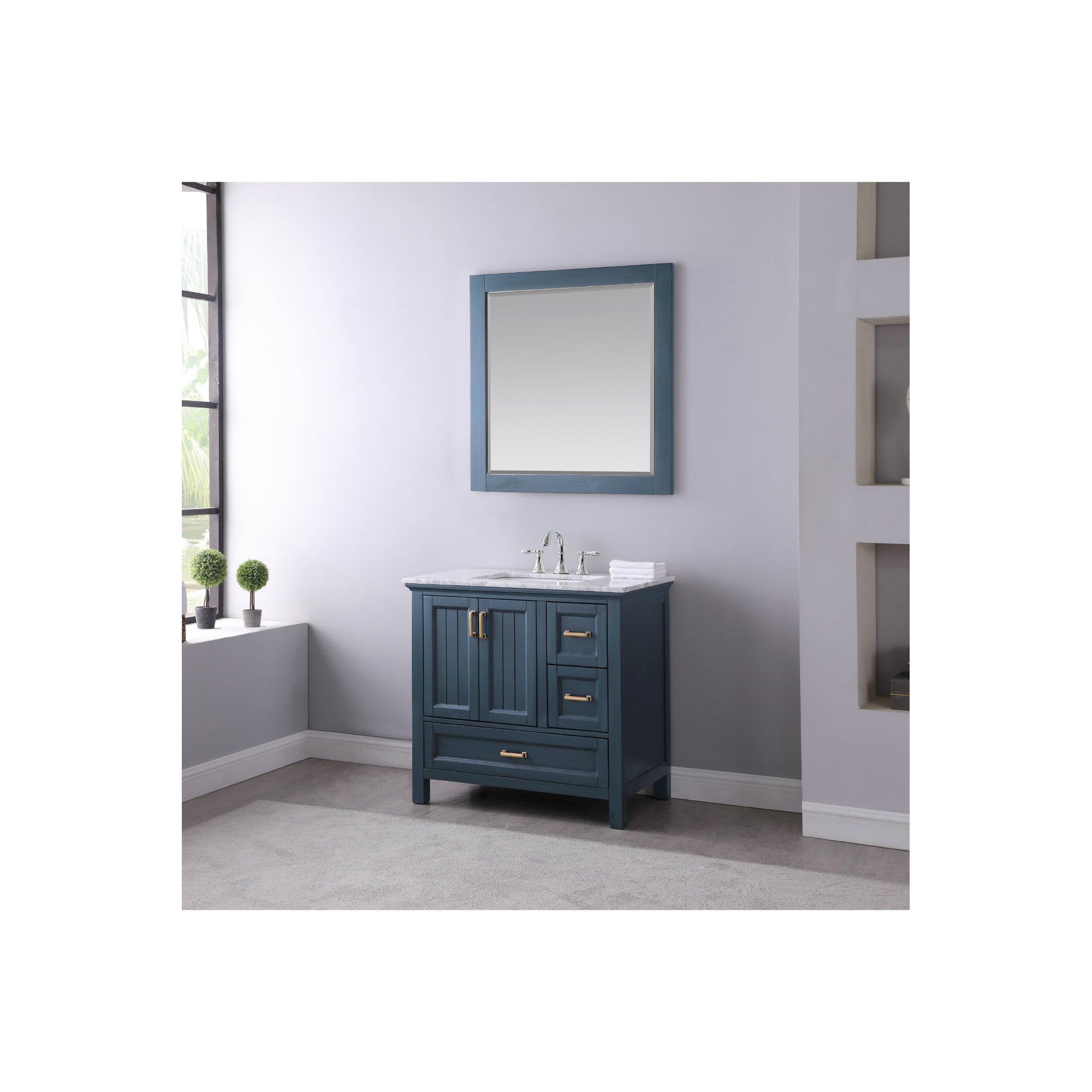 Isla 36" Single Bathroom Vanity Set in Classic Blue and Carrara White Marble Countertop with Mirror