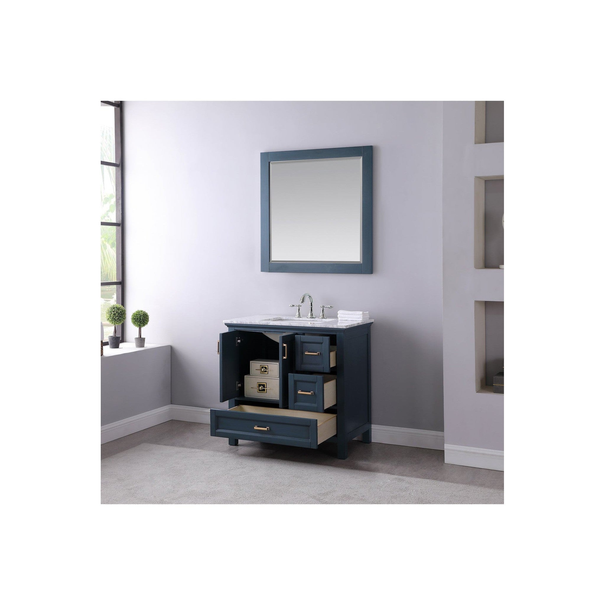 Isla 36" Single Bathroom Vanity Set in Classic Blue and Carrara White Marble Countertop with Mirror