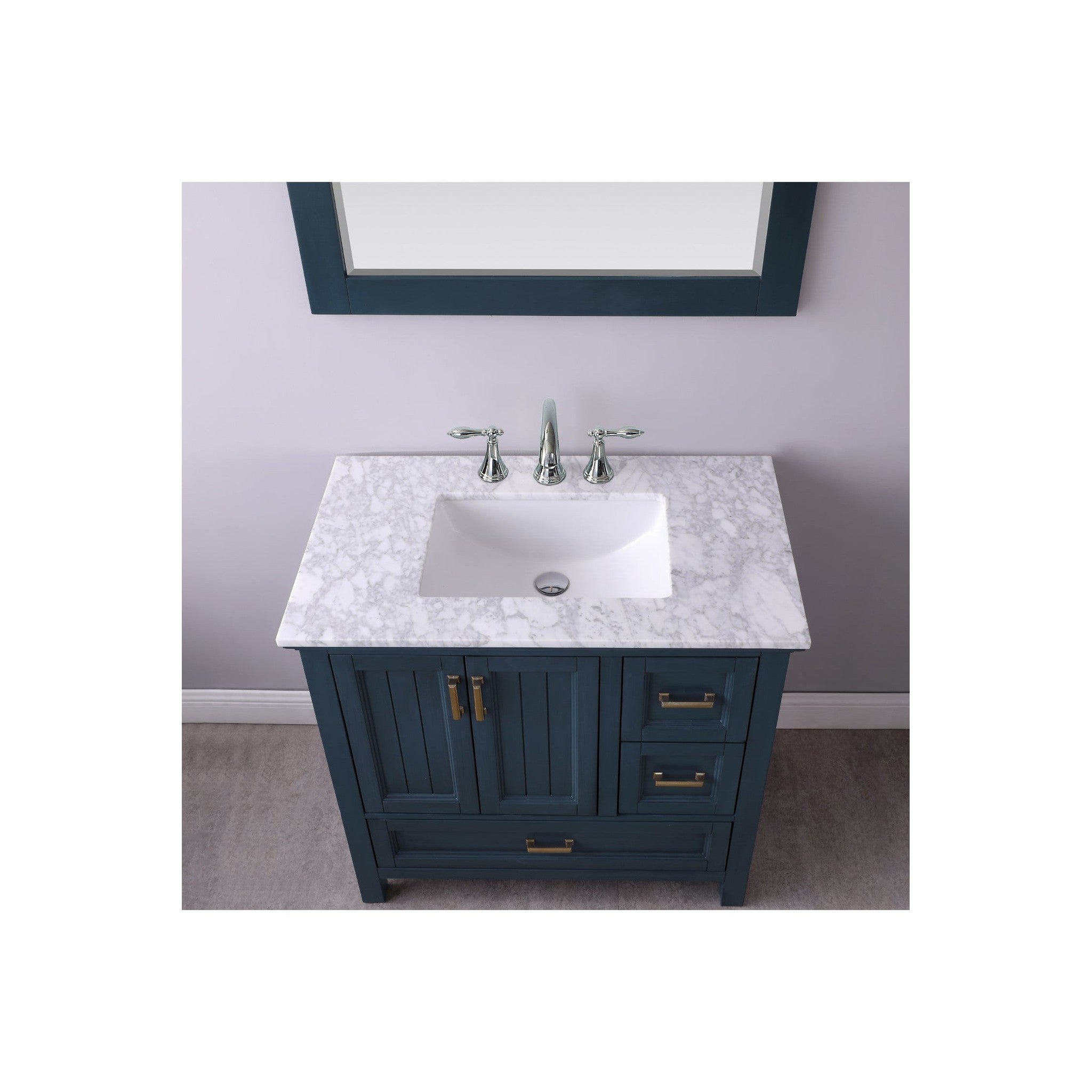 Isla 36" Single Bathroom Vanity Set in Classic Blue and Carrara White Marble Countertop with Mirror