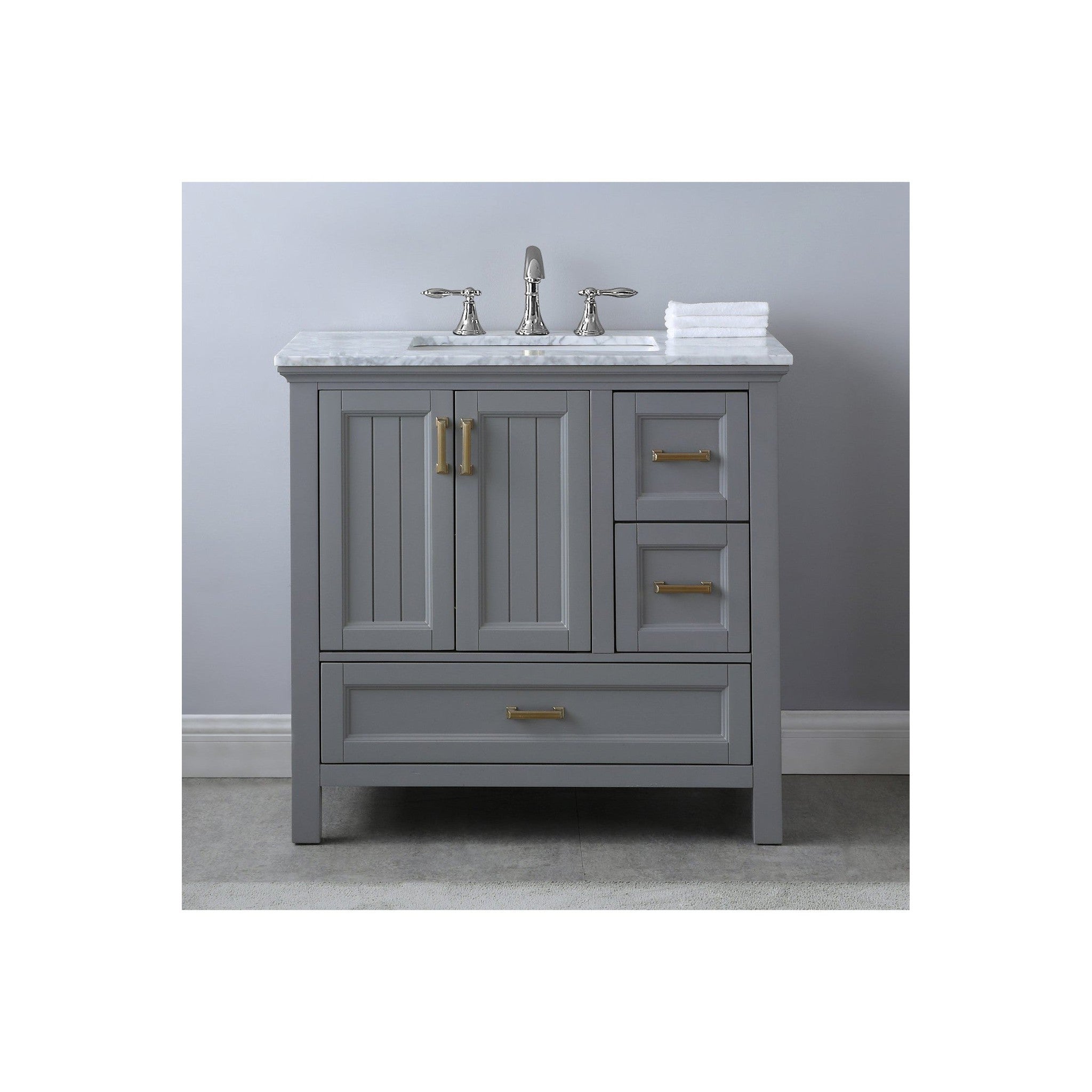 Isla 36" Single Bathroom Vanity Set in Gray and Carrara White Marble Countertop without Mirror