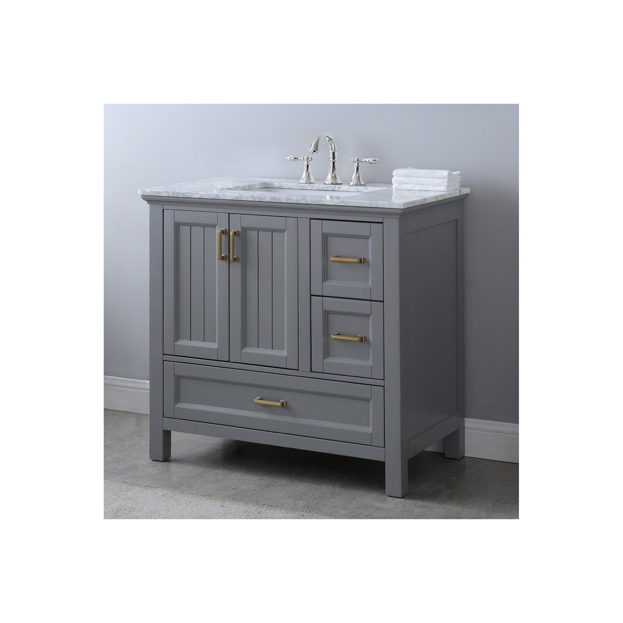 Isla 36" Single Bathroom Vanity Set in Gray and Carrara White Marble Countertop without Mirror