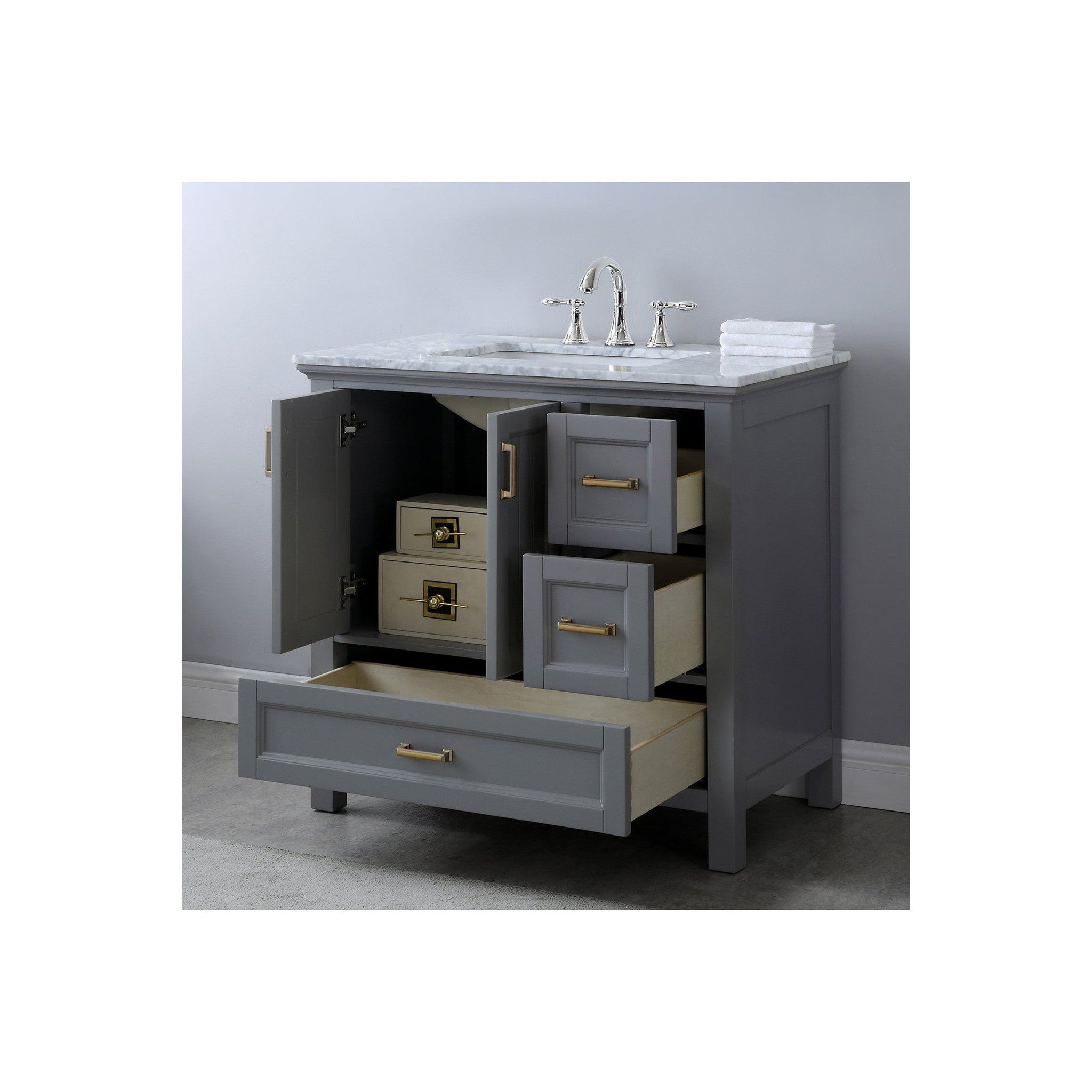 Isla 36" Single Bathroom Vanity Set in Gray and Carrara White Marble Countertop without Mirror