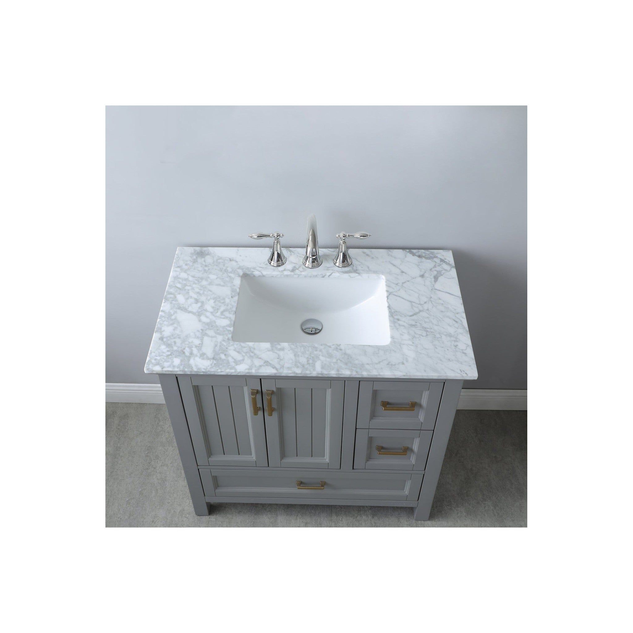 Isla 36" Single Bathroom Vanity Set in Gray and Carrara White Marble Countertop without Mirror