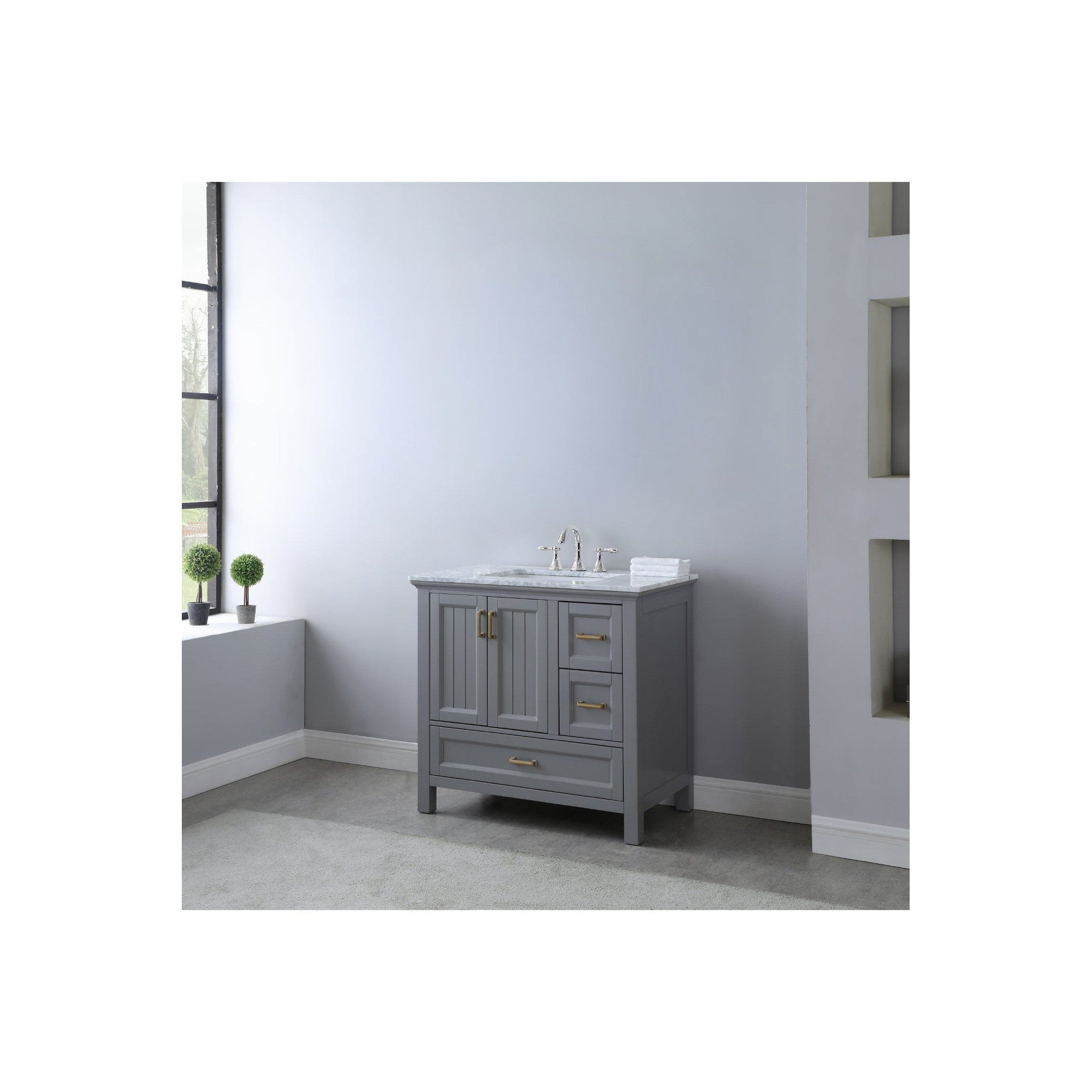 Isla 36" Single Bathroom Vanity Set in Gray and Carrara White Marble Countertop without Mirror