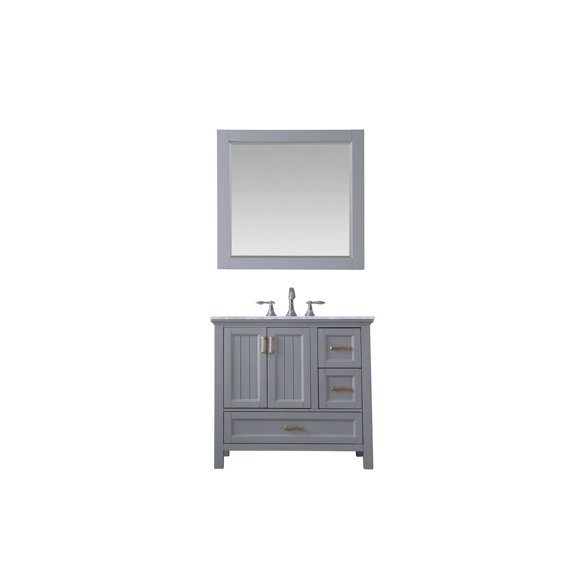 Isla 36" Single Bathroom Vanity Set in Gray and Carrara White Marble Countertop with Mirror