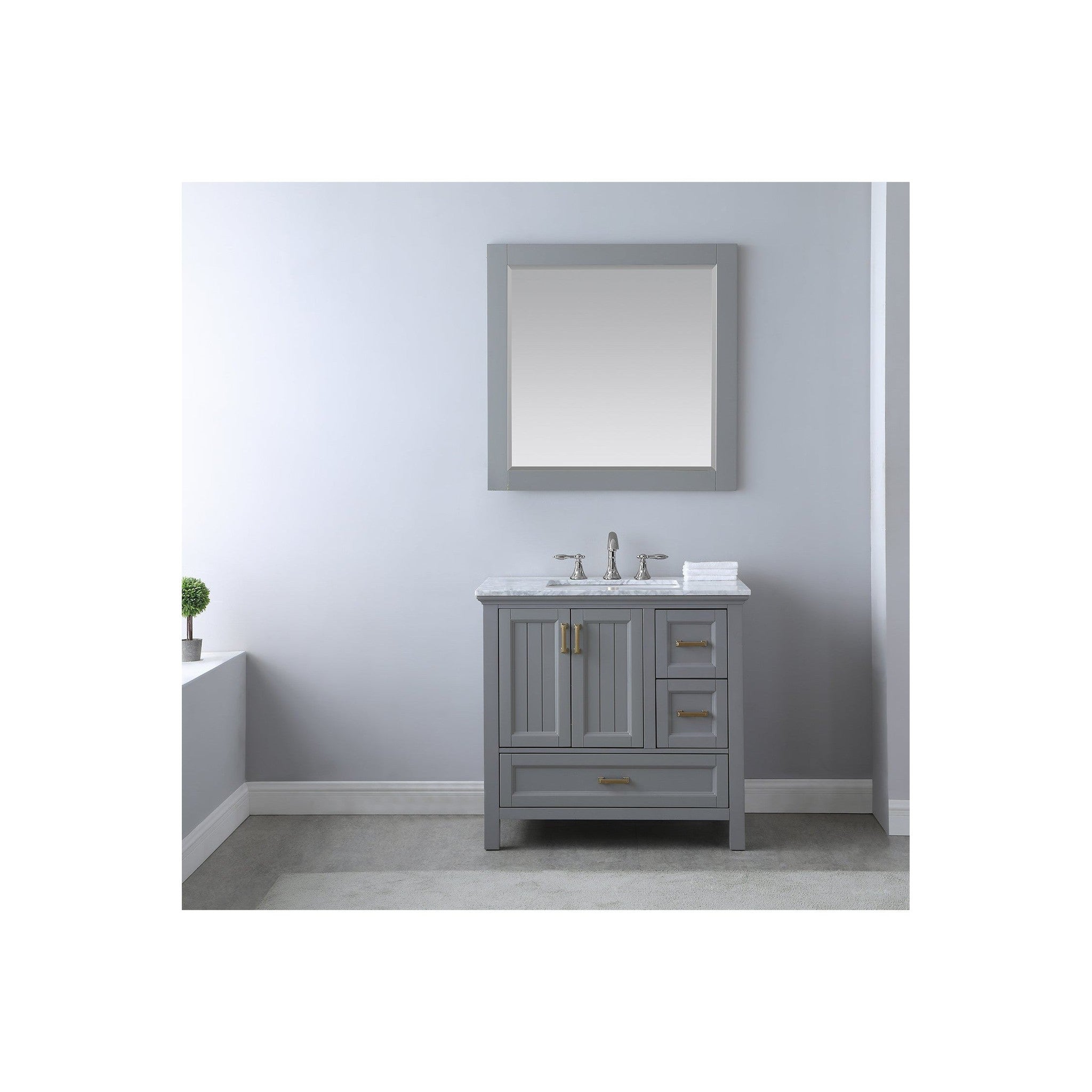 Isla 36" Single Bathroom Vanity Set in Gray and Carrara White Marble Countertop with Mirror