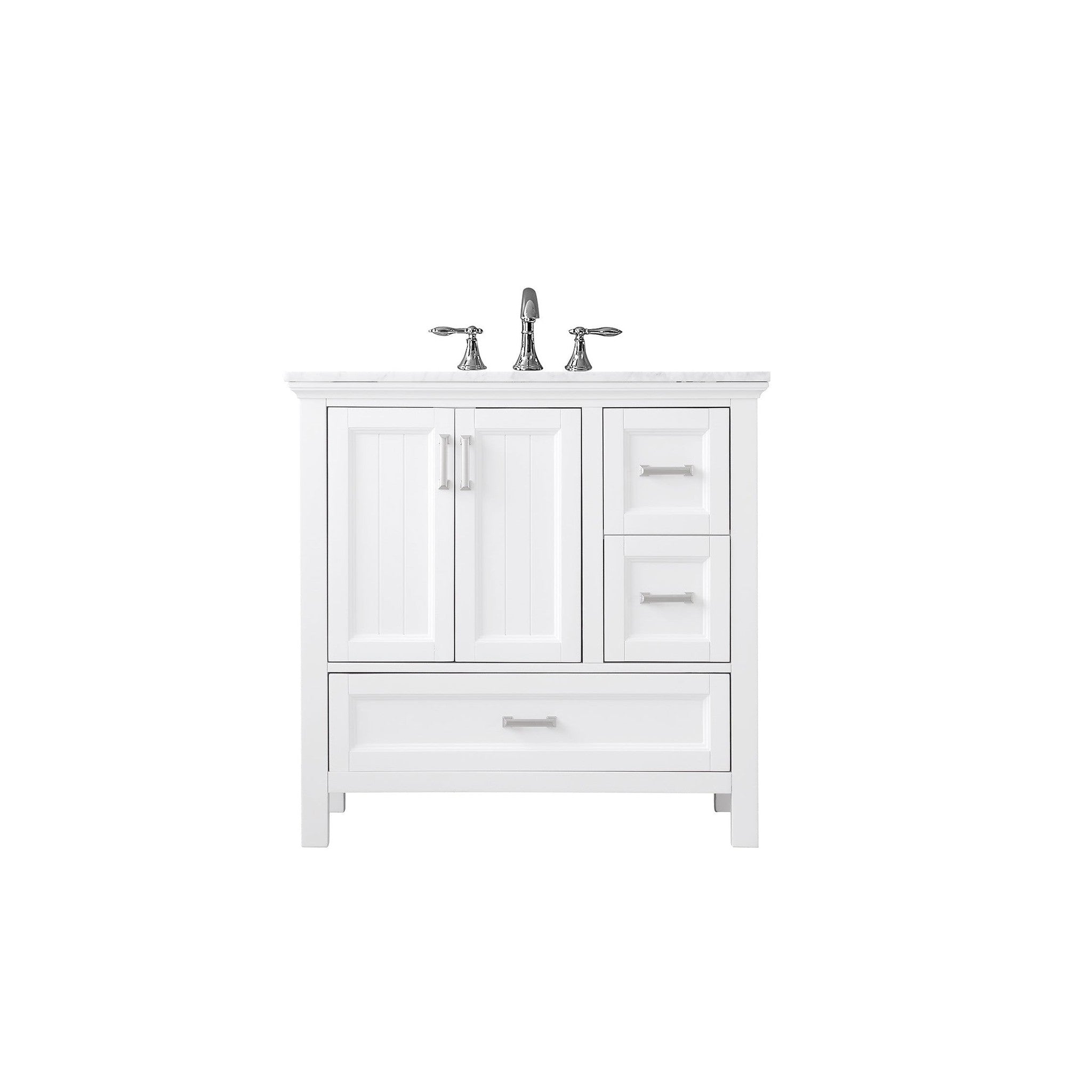 Isla 36" Single Bathroom Vanity Set in White and Carrara White Marble Countertop without Mirror