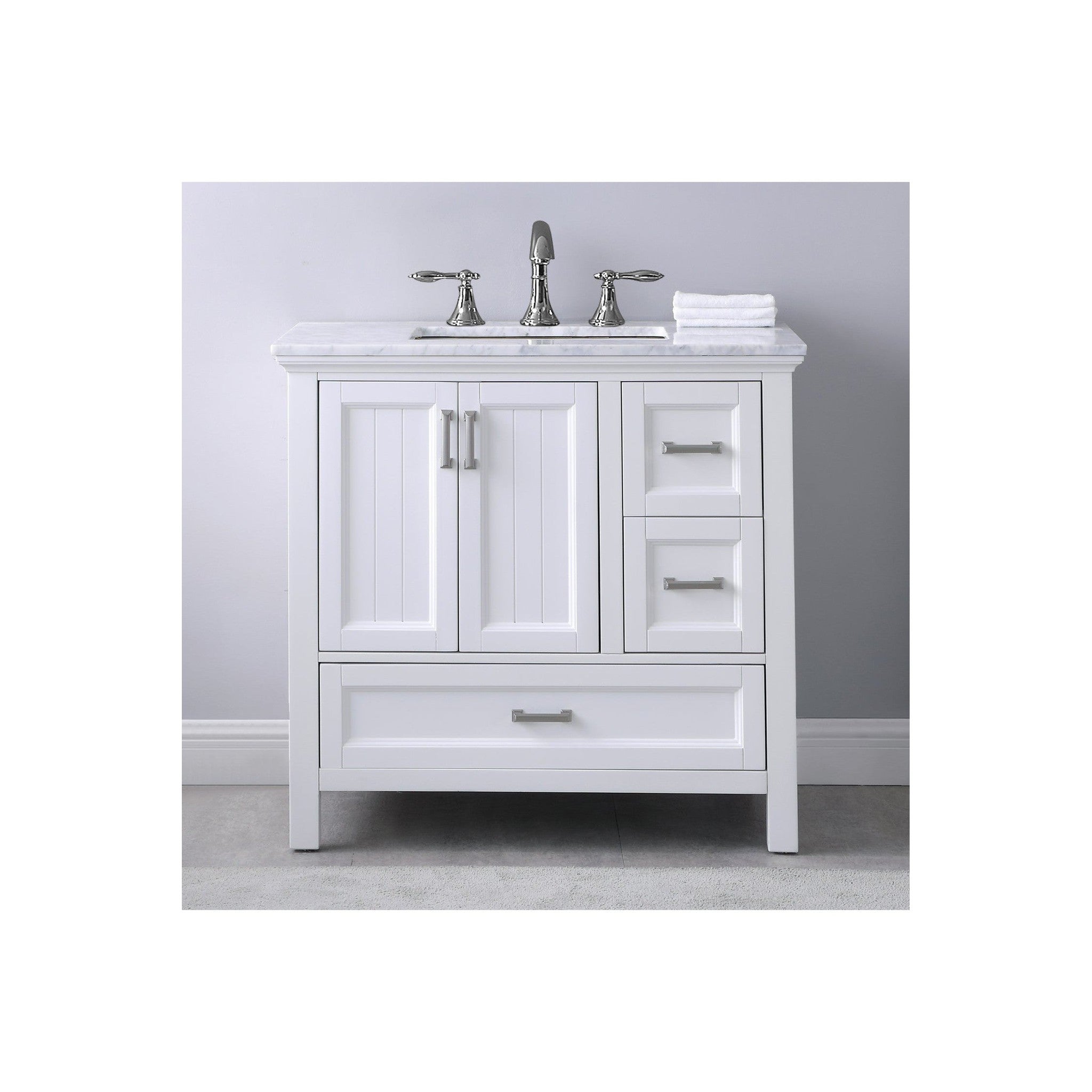 Isla 36" Single Bathroom Vanity Set in White and Carrara White Marble Countertop without Mirror