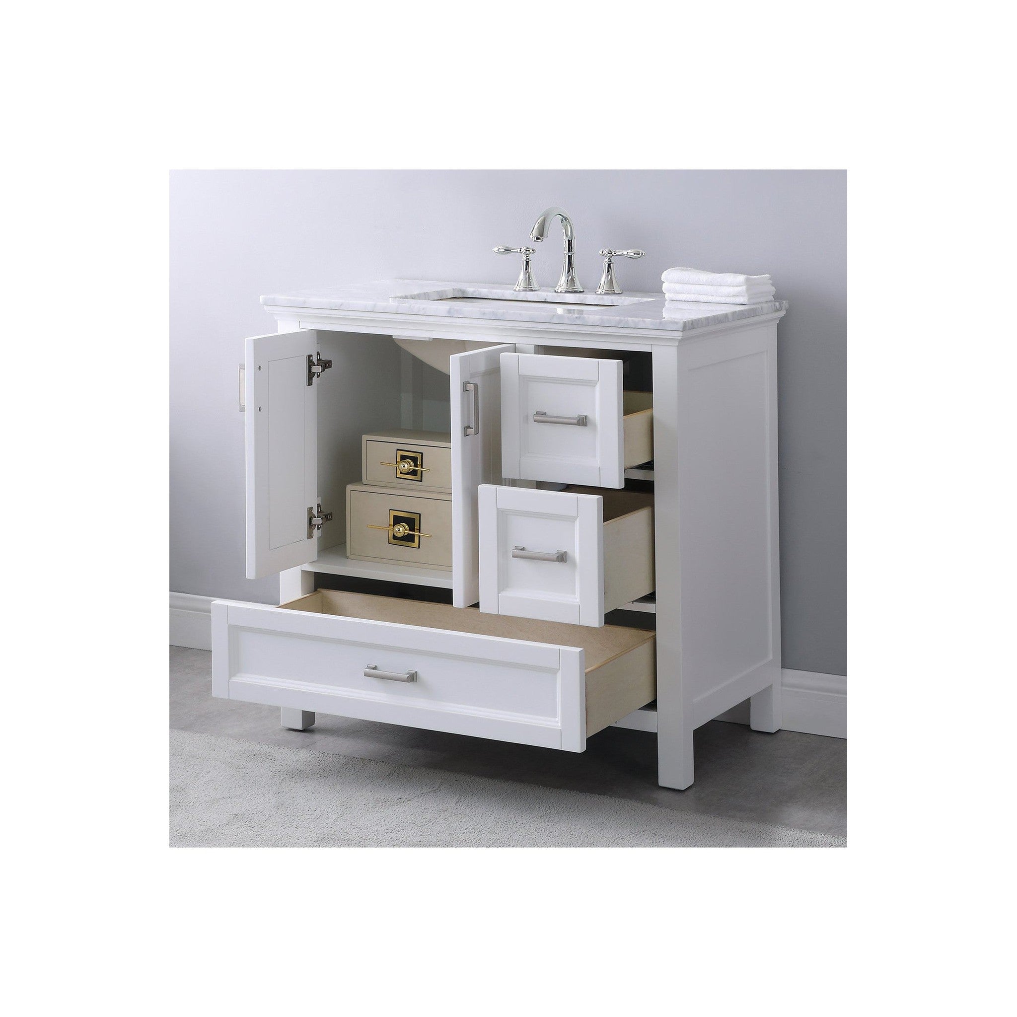 Isla 36" Single Bathroom Vanity Set in White and Carrara White Marble Countertop without Mirror