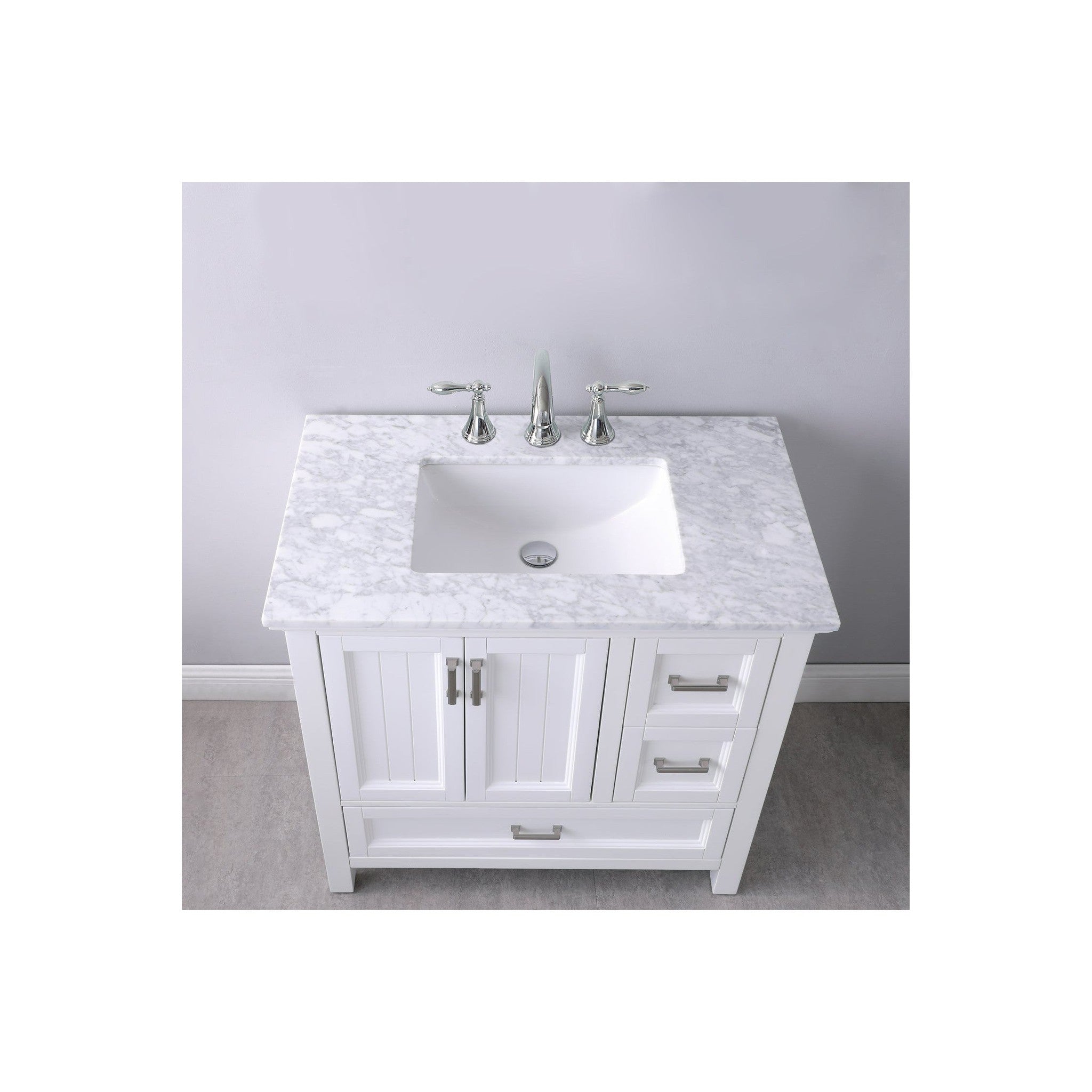 Isla 36" Single Bathroom Vanity Set in White and Carrara White Marble Countertop without Mirror