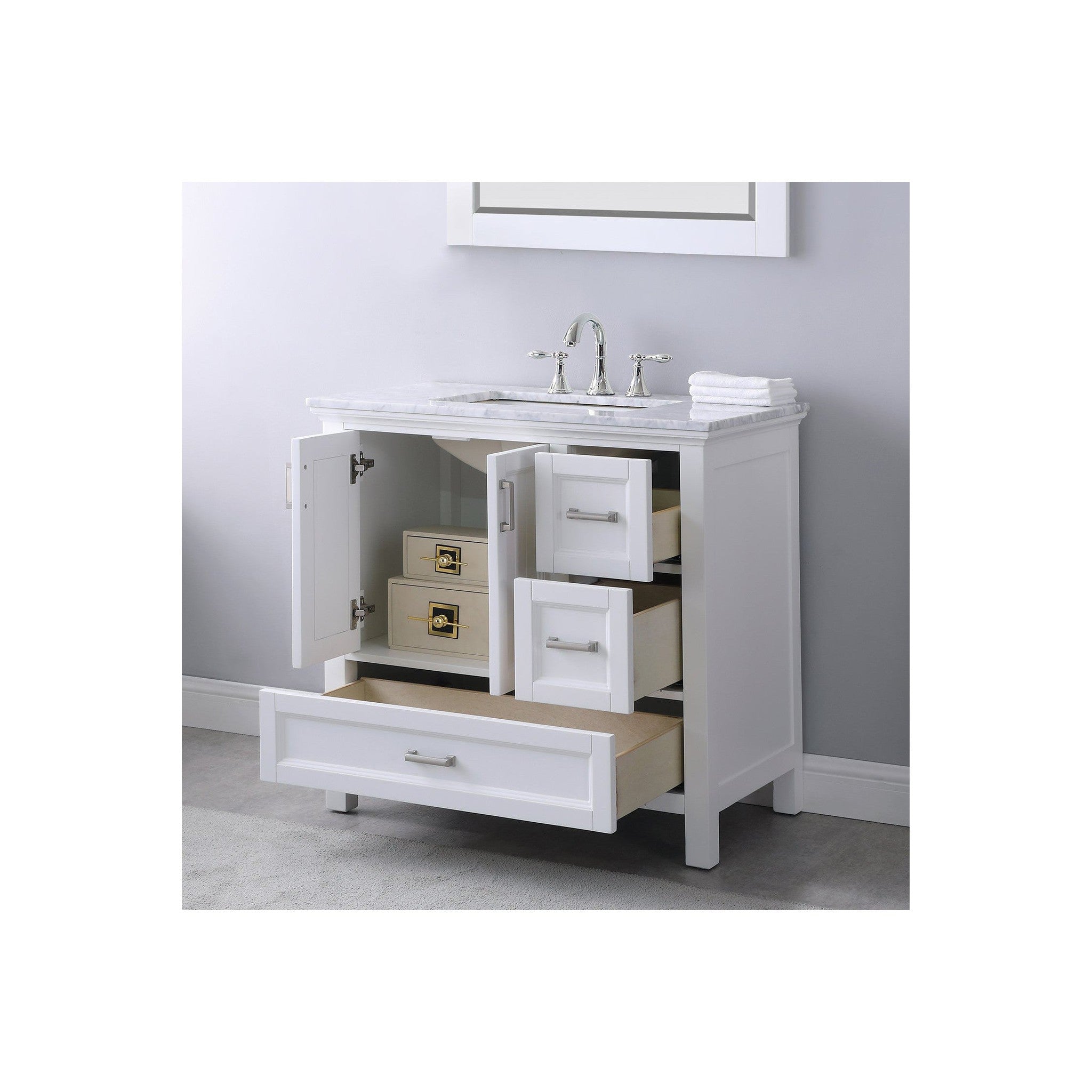 Isla 36" Single Bathroom Vanity Set in White and Carrara White Marble Countertop with Mirror