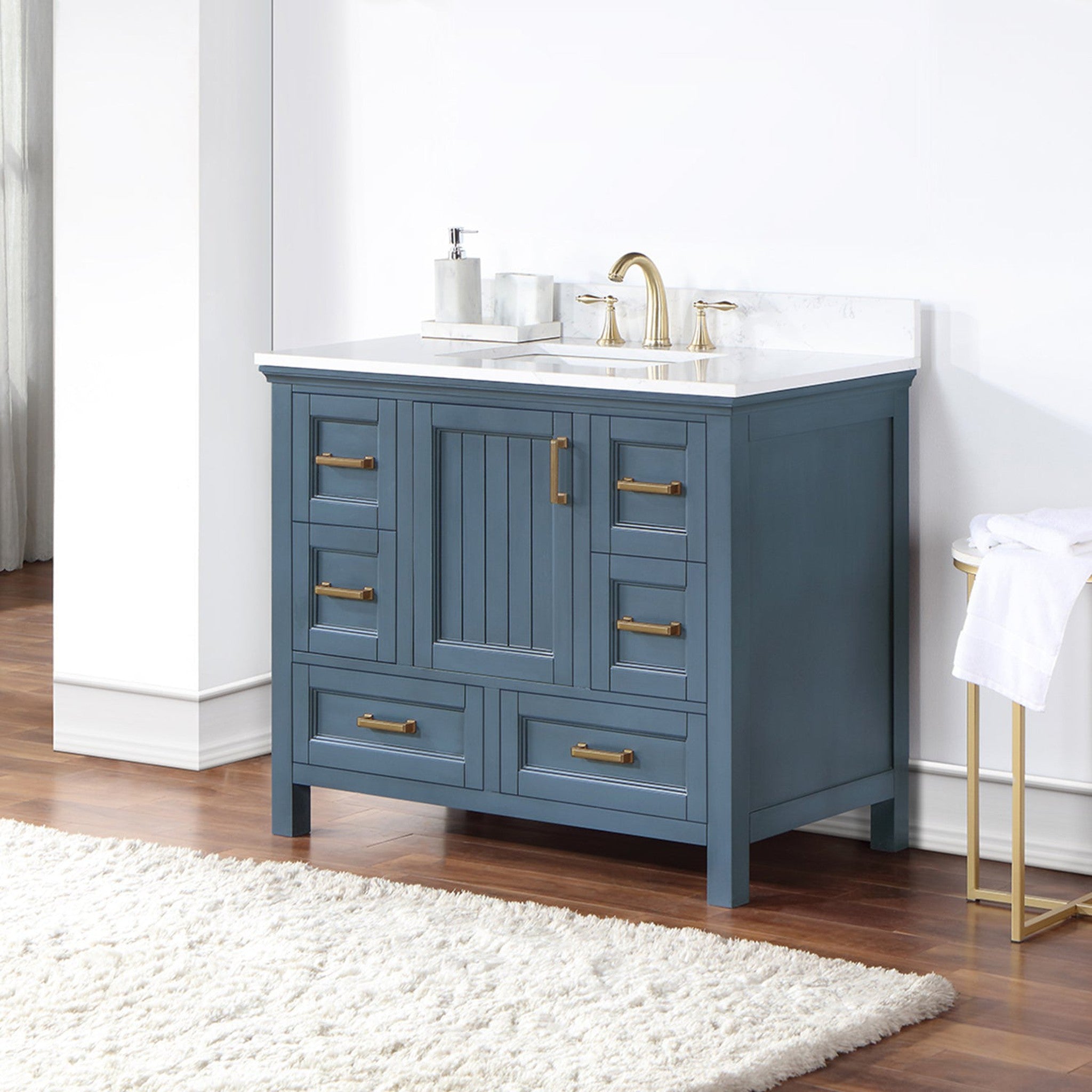 Isla 42" Single Bathroom Vanity Set in Classic Blue and Composite Carrara White Stone Countertop without Mirror