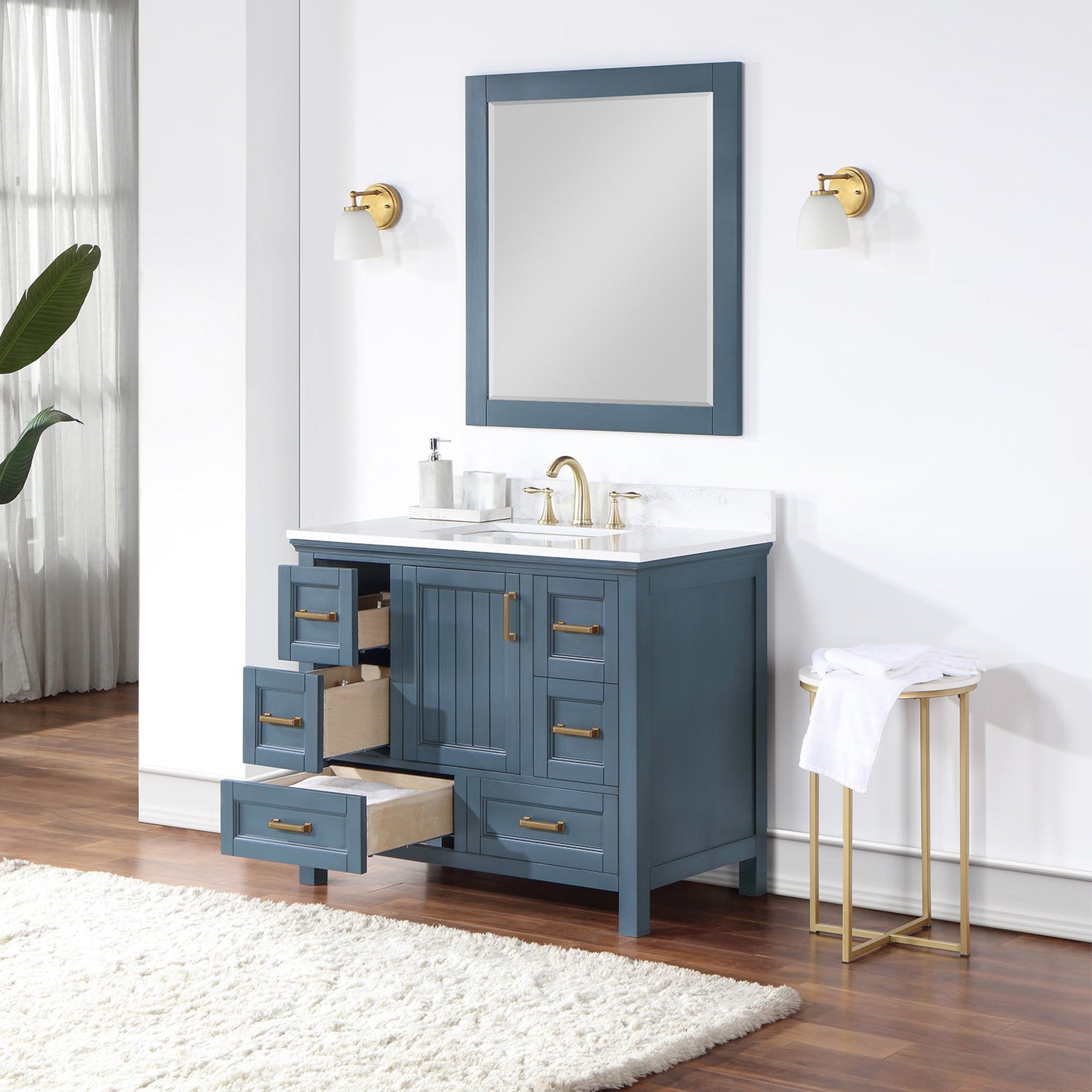 Isla 42" Single Bathroom Vanity Set in Classic Blue and Composite Carrara White Stone Countertop with Mirror