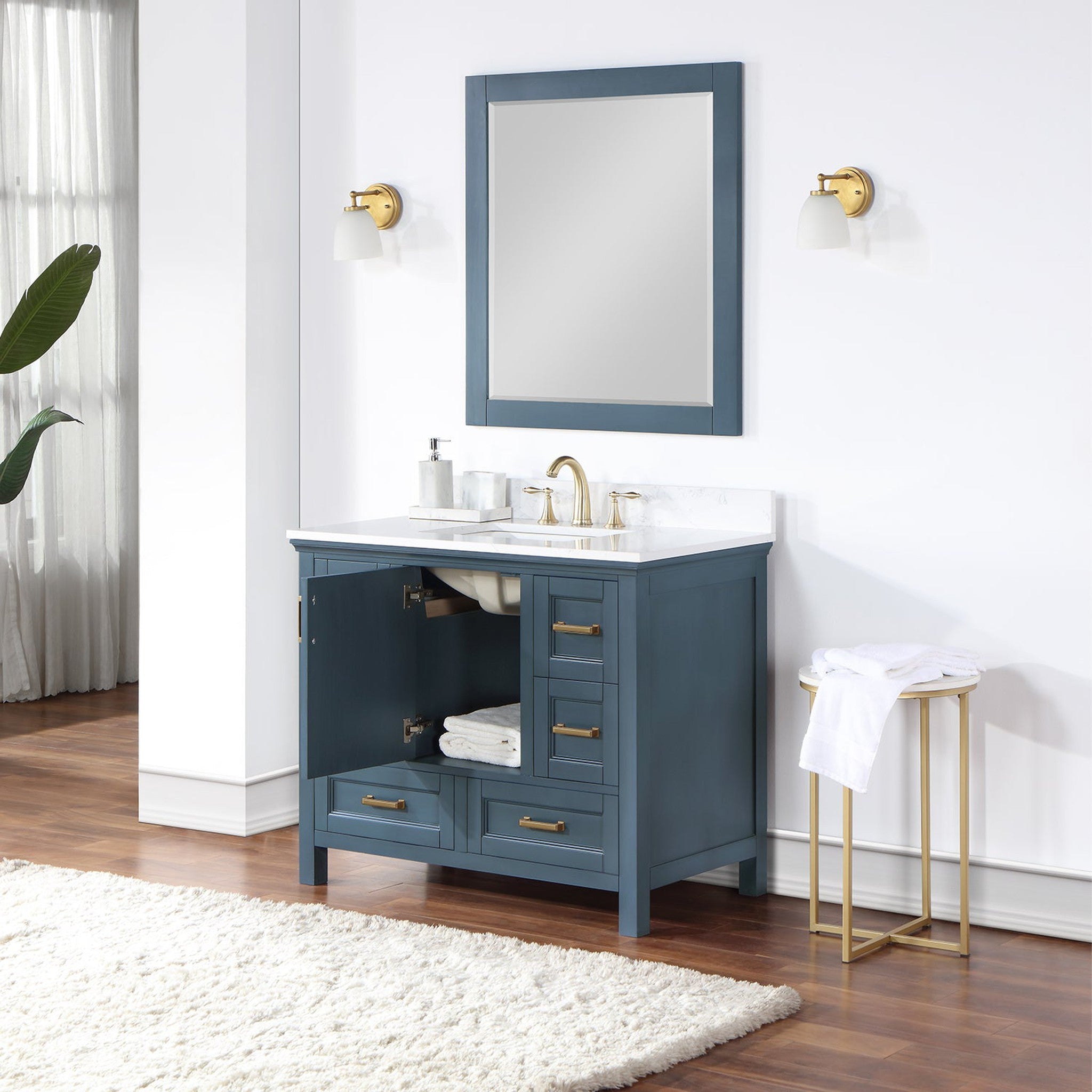 Isla 42" Single Bathroom Vanity Set in Classic Blue and Composite Carrara White Stone Countertop with Mirror