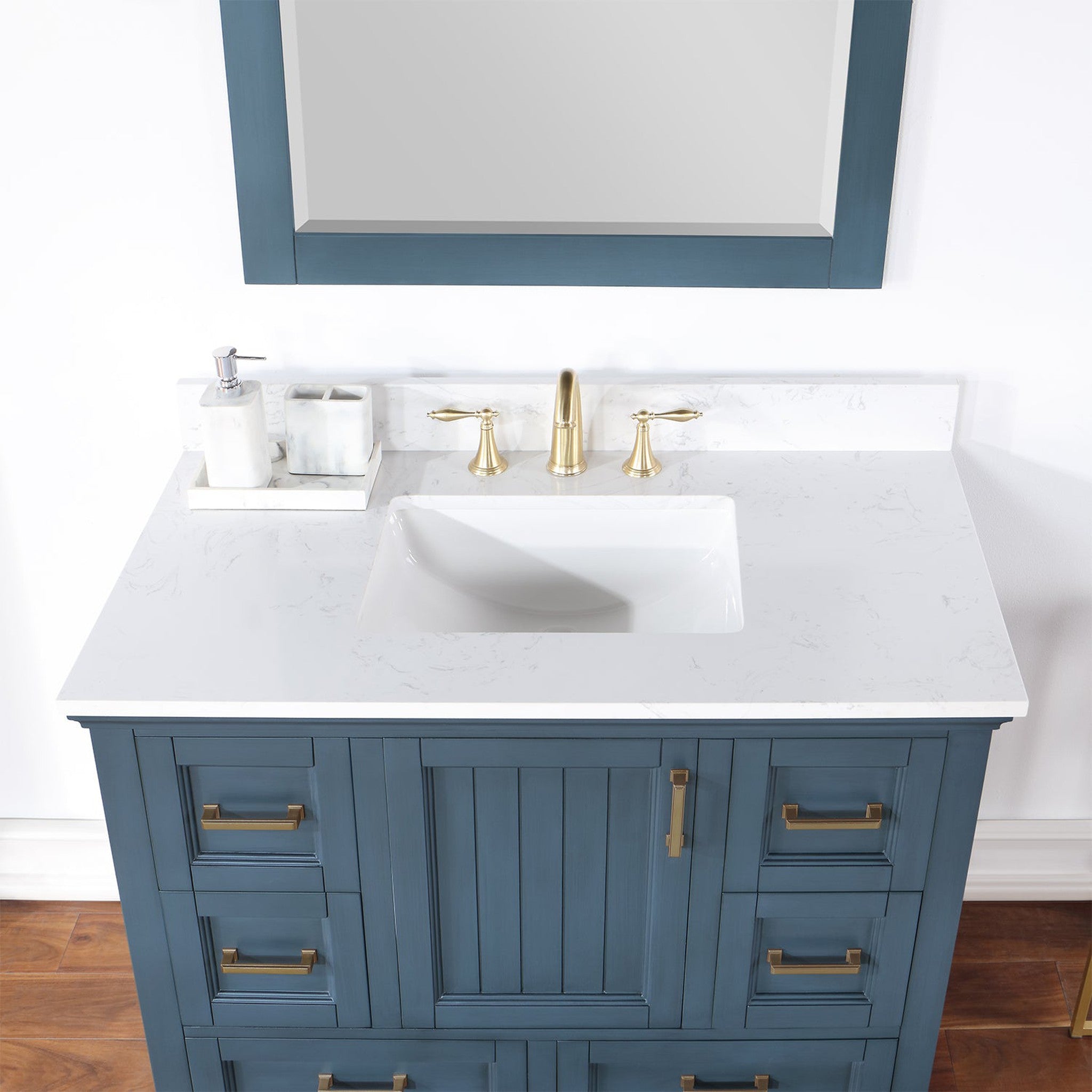 Isla 42" Single Bathroom Vanity Set in Classic Blue and Composite Carrara White Stone Countertop with Mirror