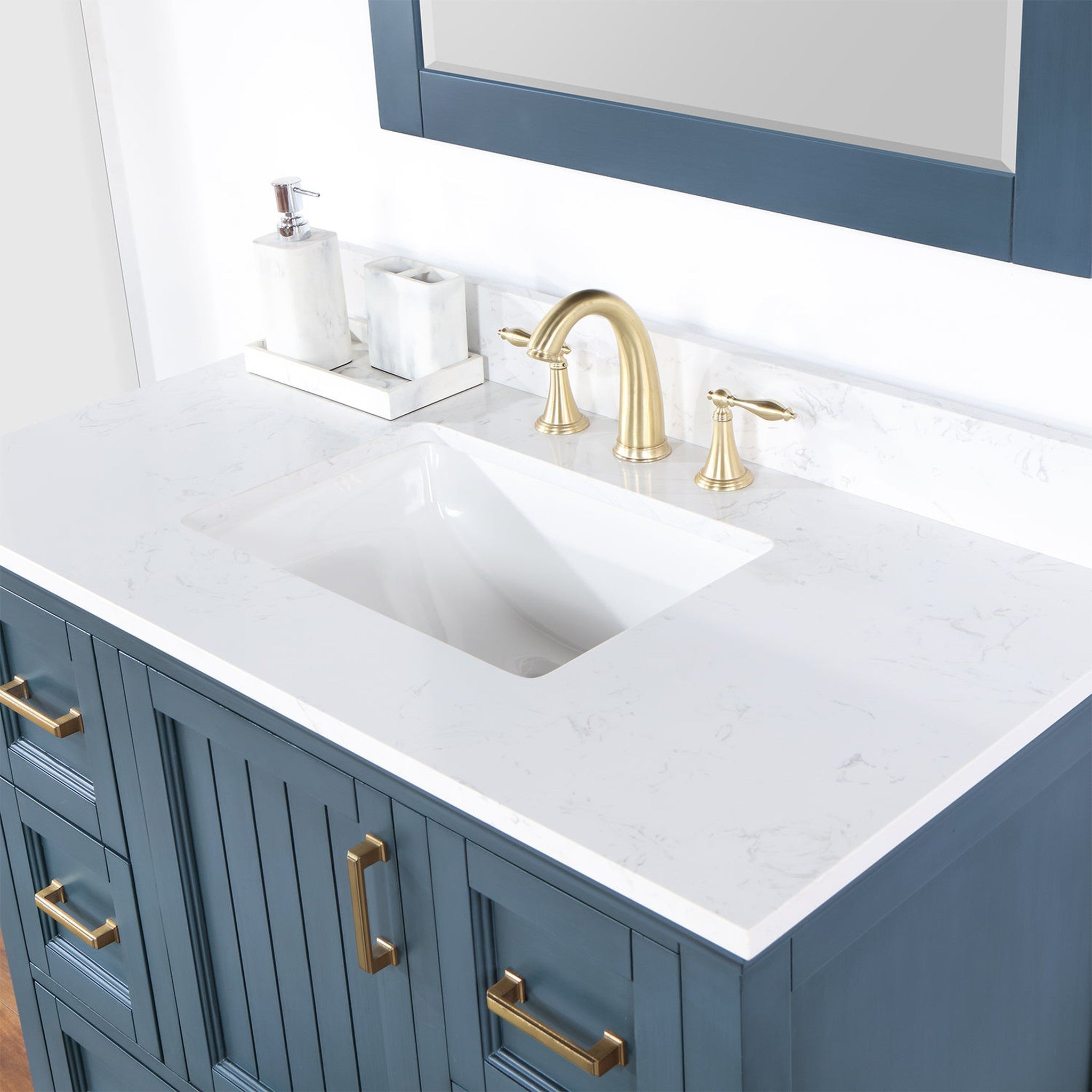 Isla 42" Single Bathroom Vanity Set in Classic Blue and Composite Carrara White Stone Countertop with Mirror