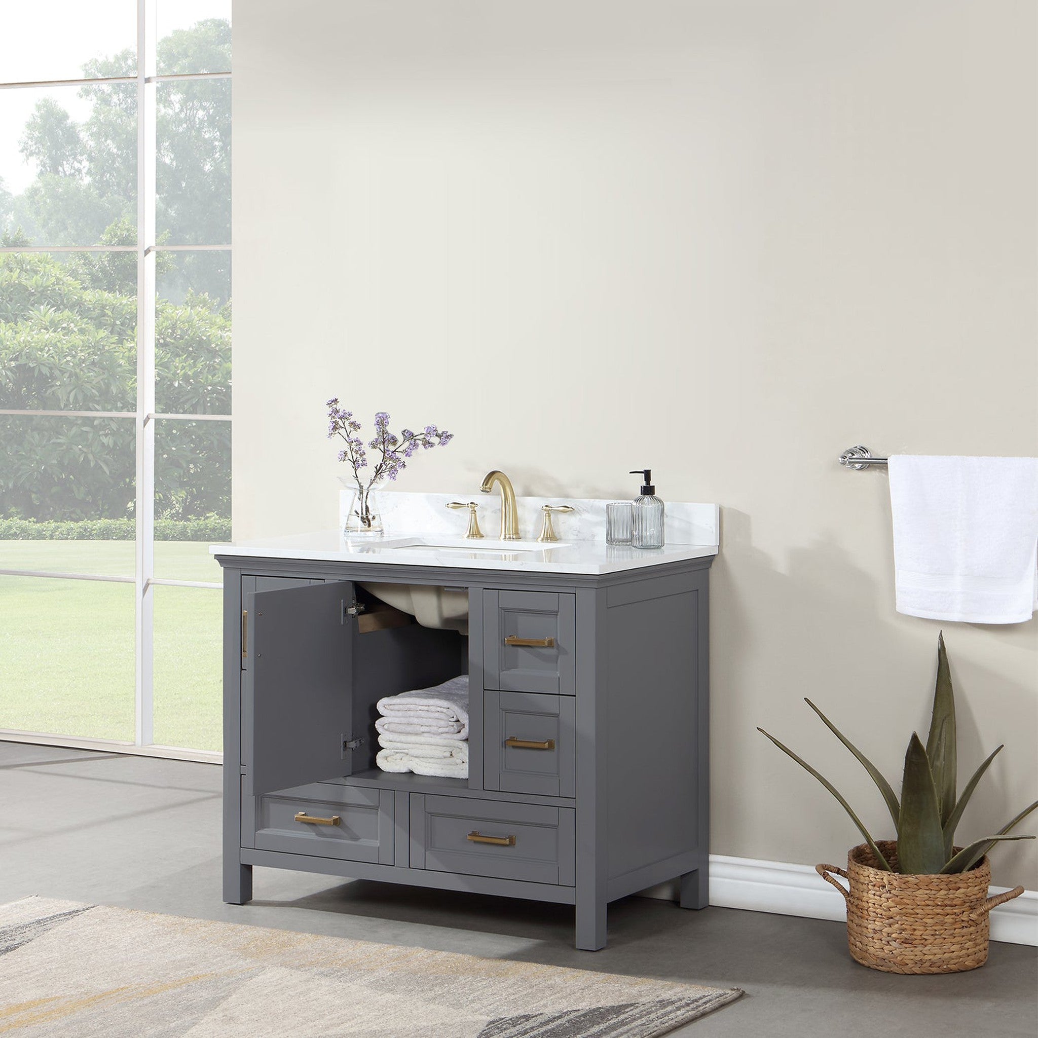 Isla 42" Single Bathroom Vanity Set in Gray and Composite Carrara White Stone Countertop without Mirror