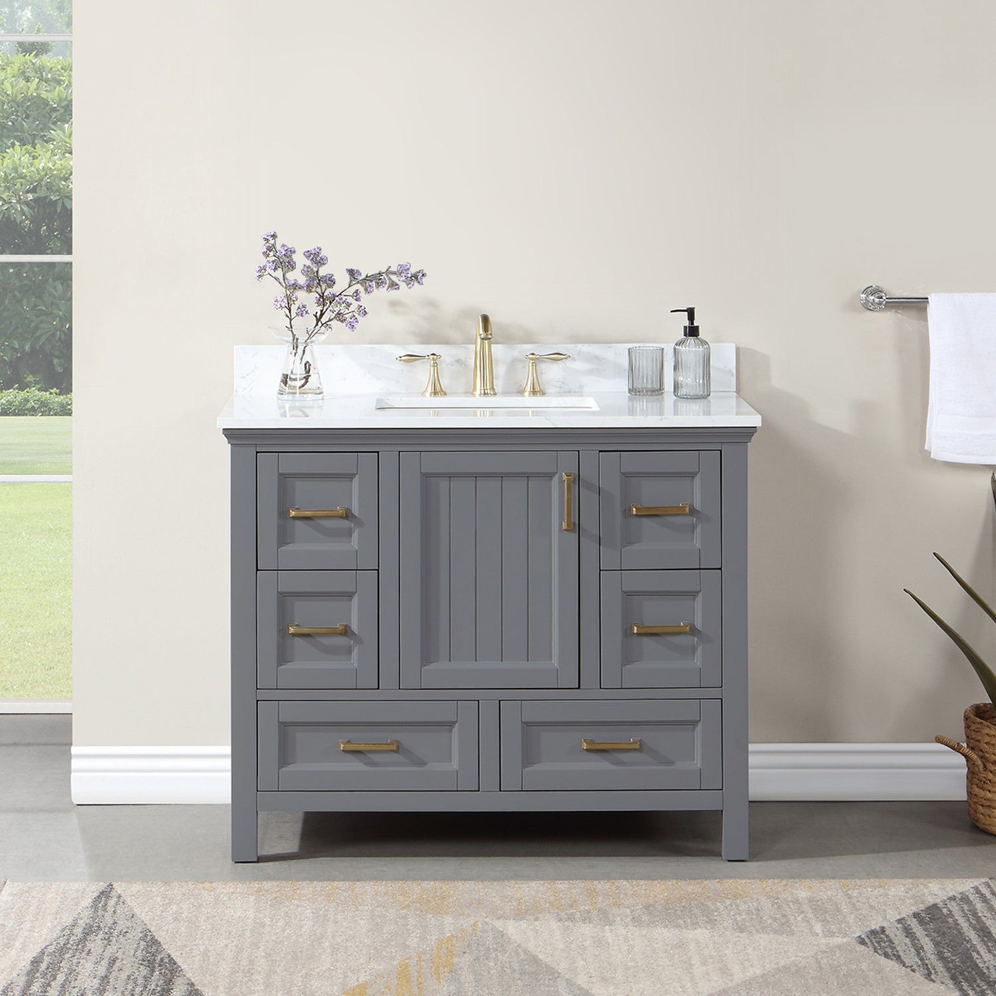 Isla 42" Single Bathroom Vanity Set in Gray and Composite Carrara White Stone Countertop without Mirror