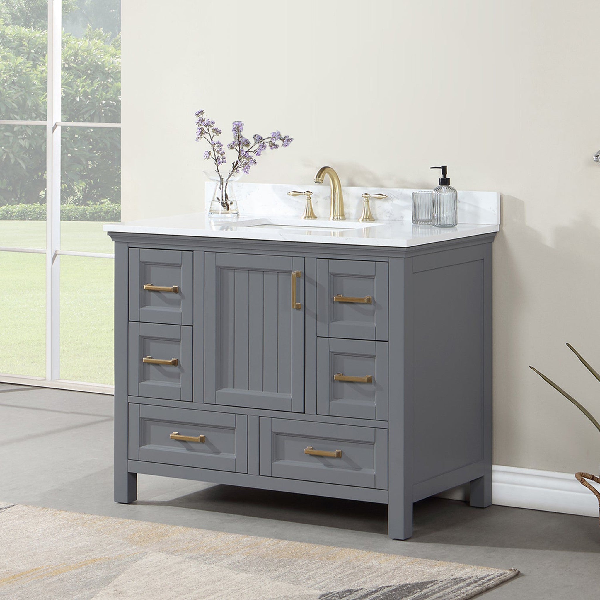 Isla 42" Single Bathroom Vanity Set in Gray and Composite Carrara White Stone Countertop without Mirror