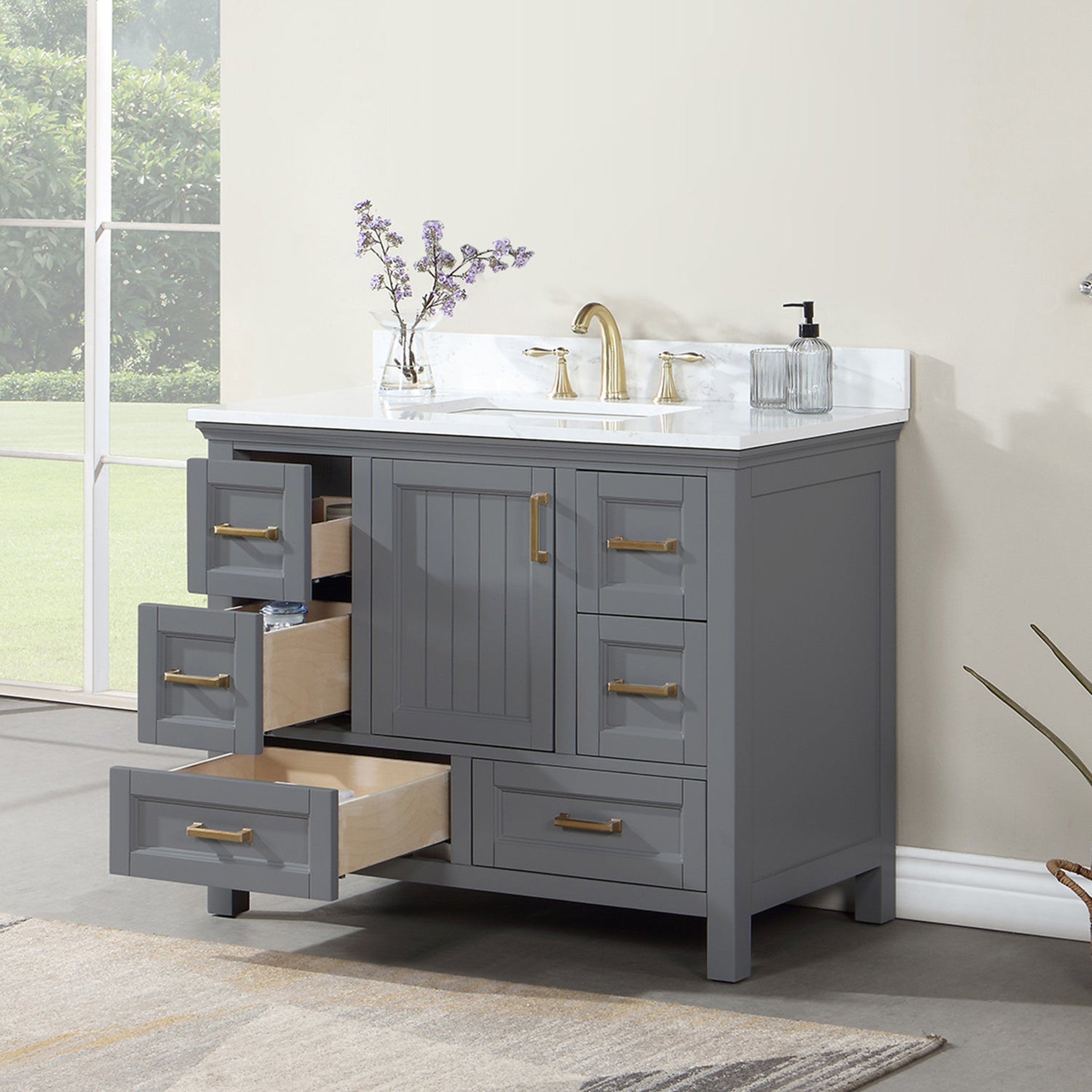 Isla 42" Single Bathroom Vanity Set in Gray and Composite Carrara White Stone Countertop without Mirror