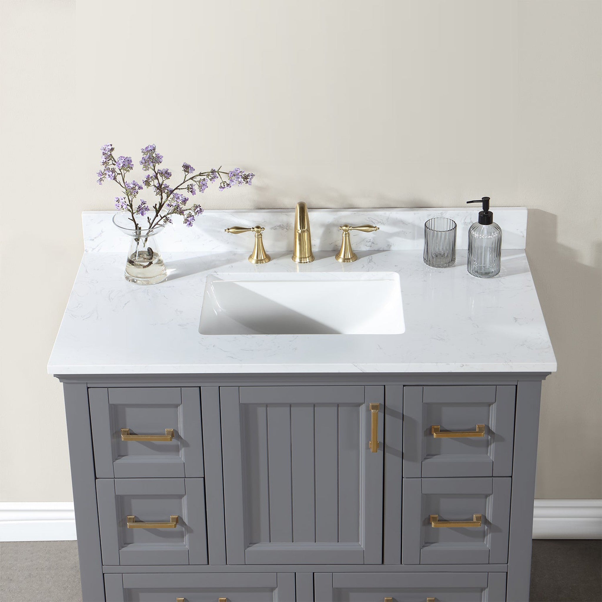 Isla 42" Single Bathroom Vanity Set in Gray and Composite Carrara White Stone Countertop without Mirror