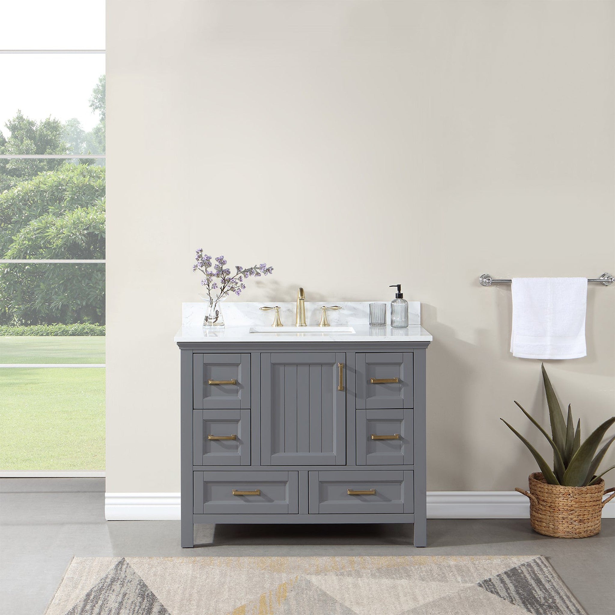 Isla 42" Single Bathroom Vanity Set in Gray and Composite Carrara White Stone Countertop without Mirror