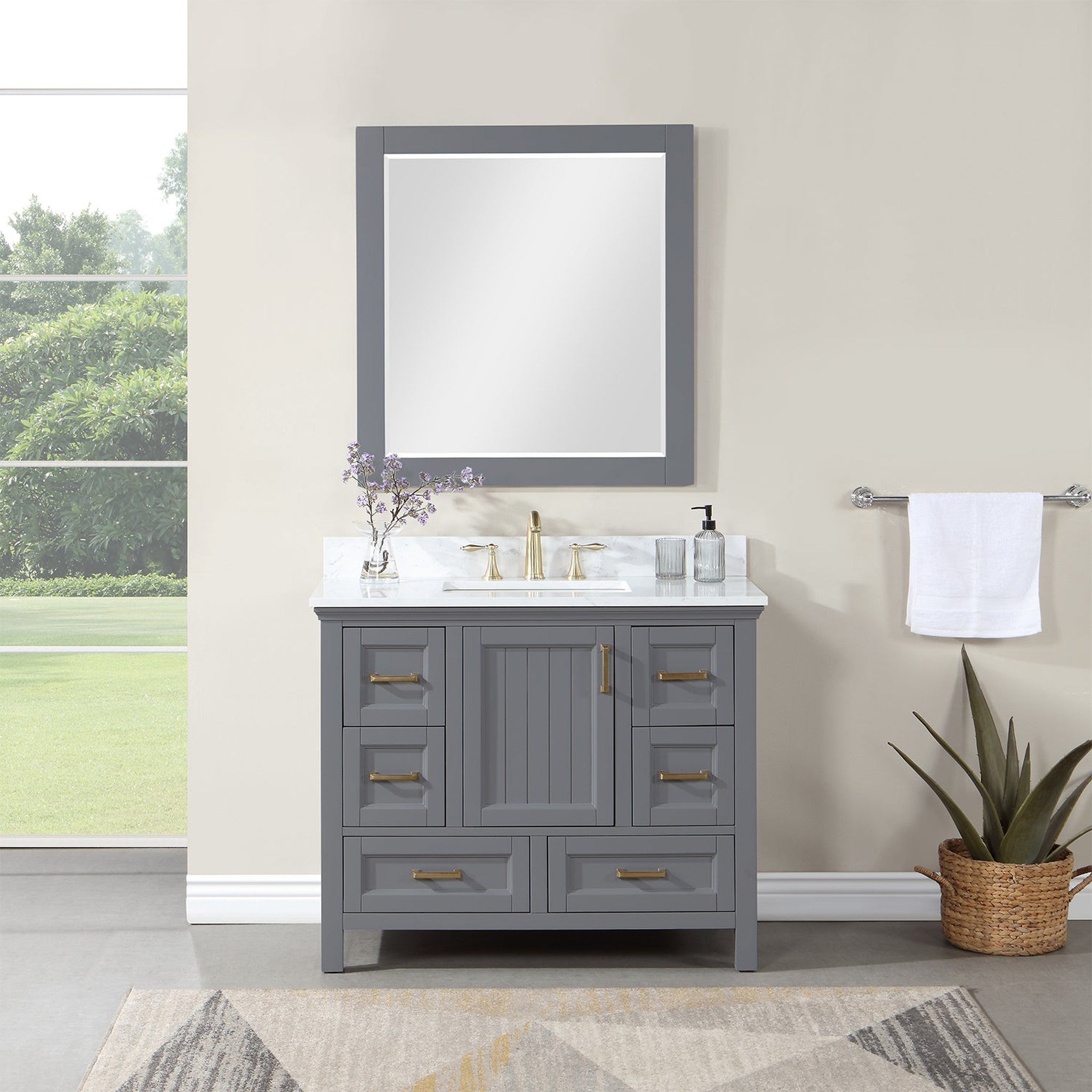 Isla 42" Single Bathroom Vanity Set in Gray and Composite Carrara White Stone Countertop with Mirror