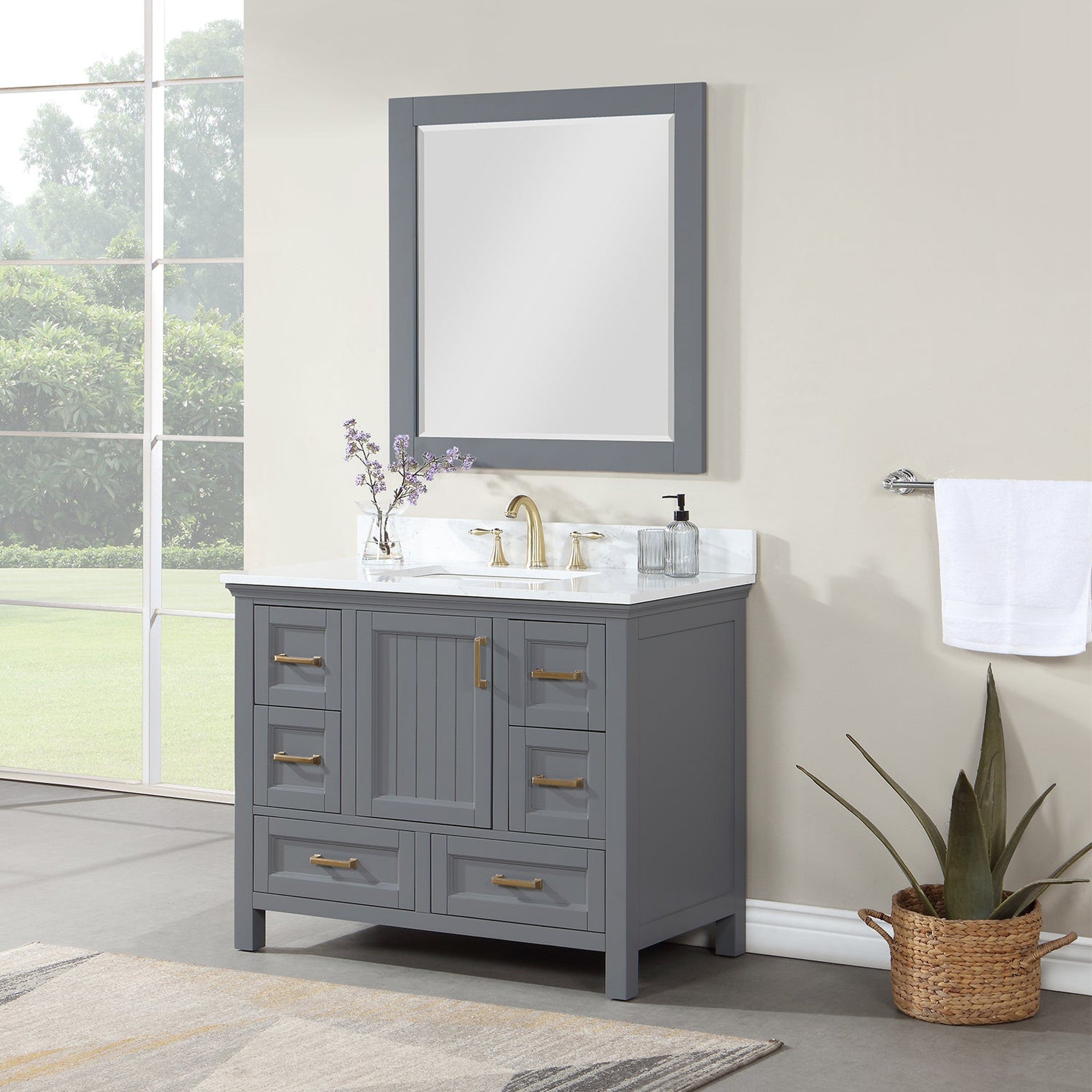 Isla 42" Single Bathroom Vanity Set in Gray and Composite Carrara White Stone Countertop with Mirror