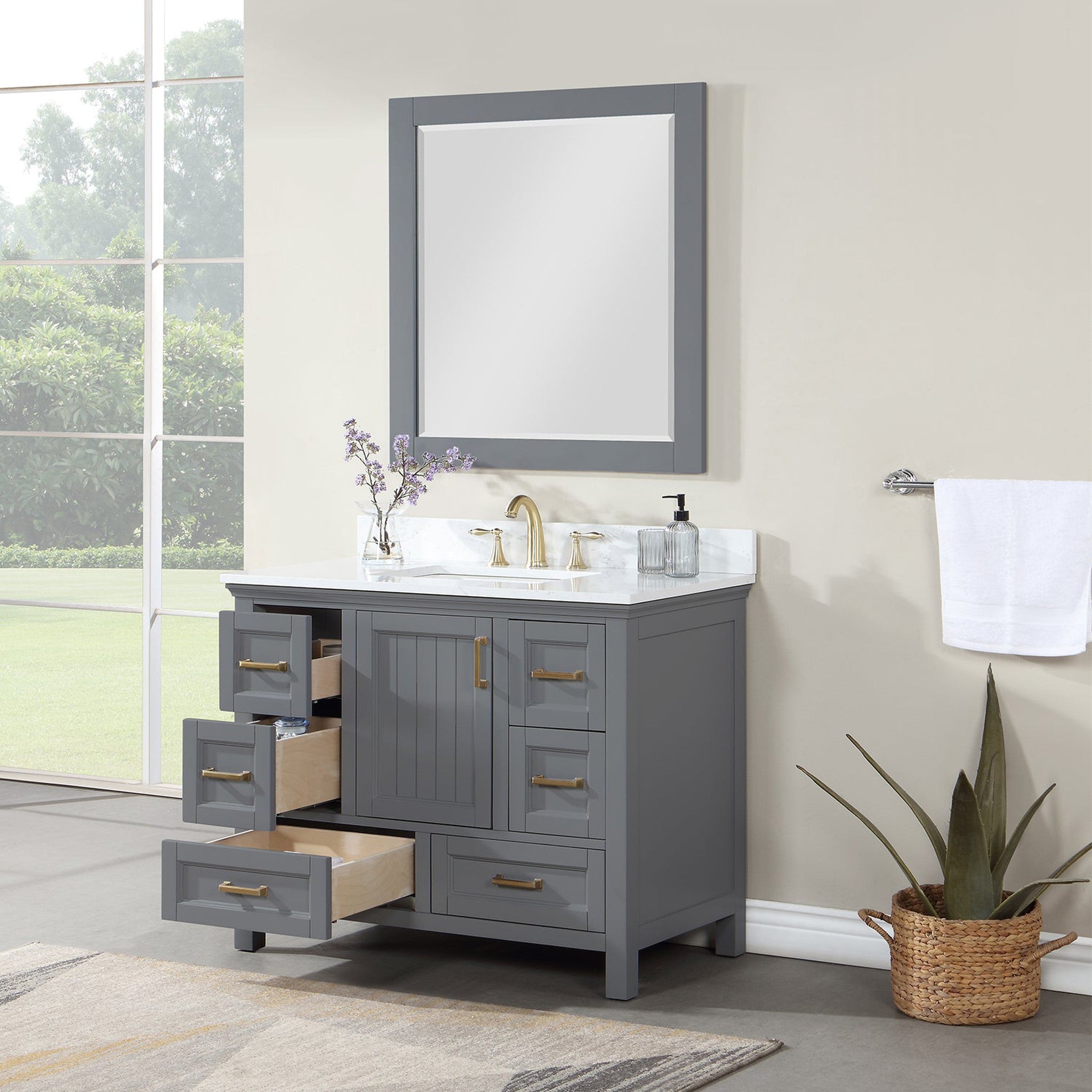 Isla 42" Single Bathroom Vanity Set in Gray and Composite Carrara White Stone Countertop with Mirror