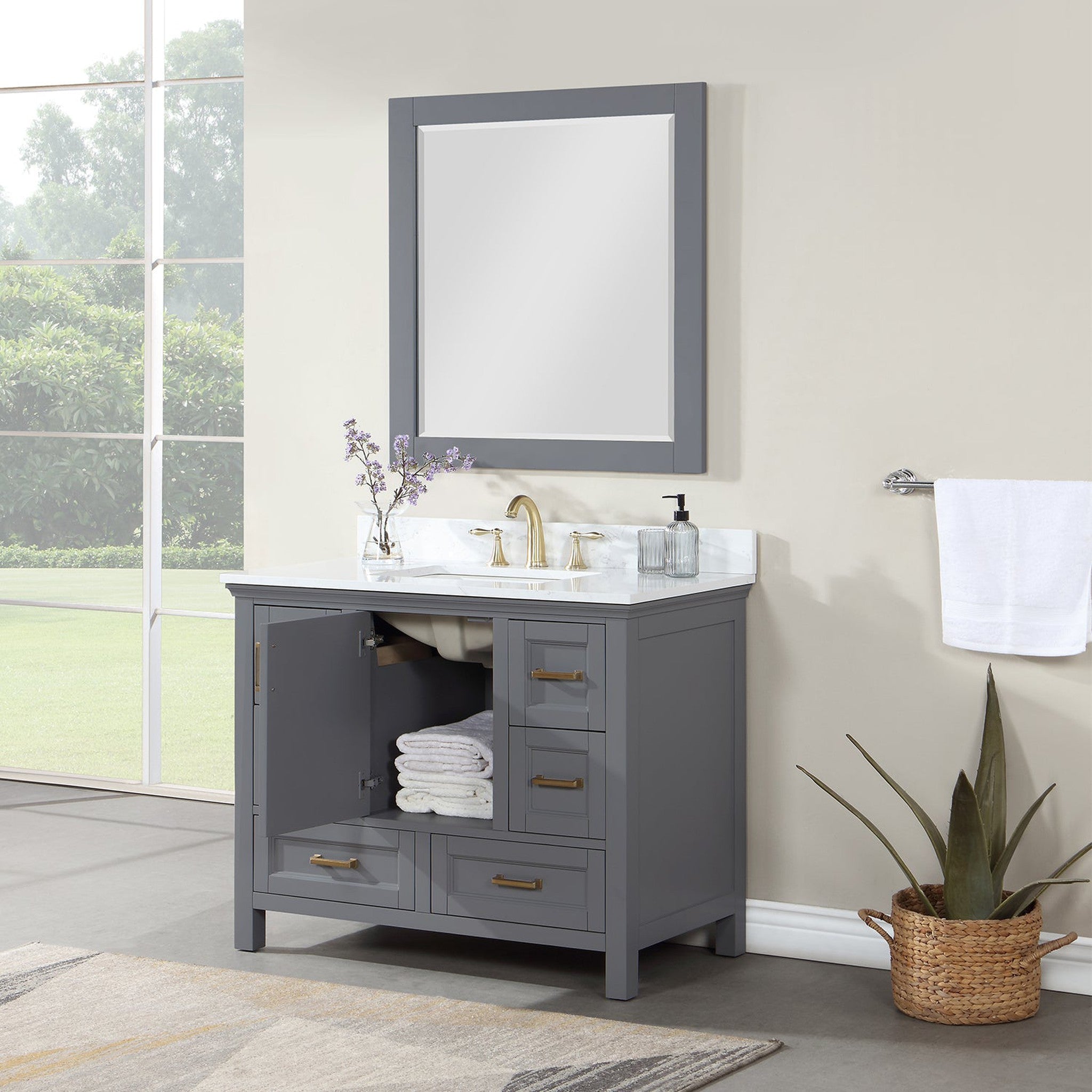 Isla 42" Single Bathroom Vanity Set in Gray and Composite Carrara White Stone Countertop with Mirror