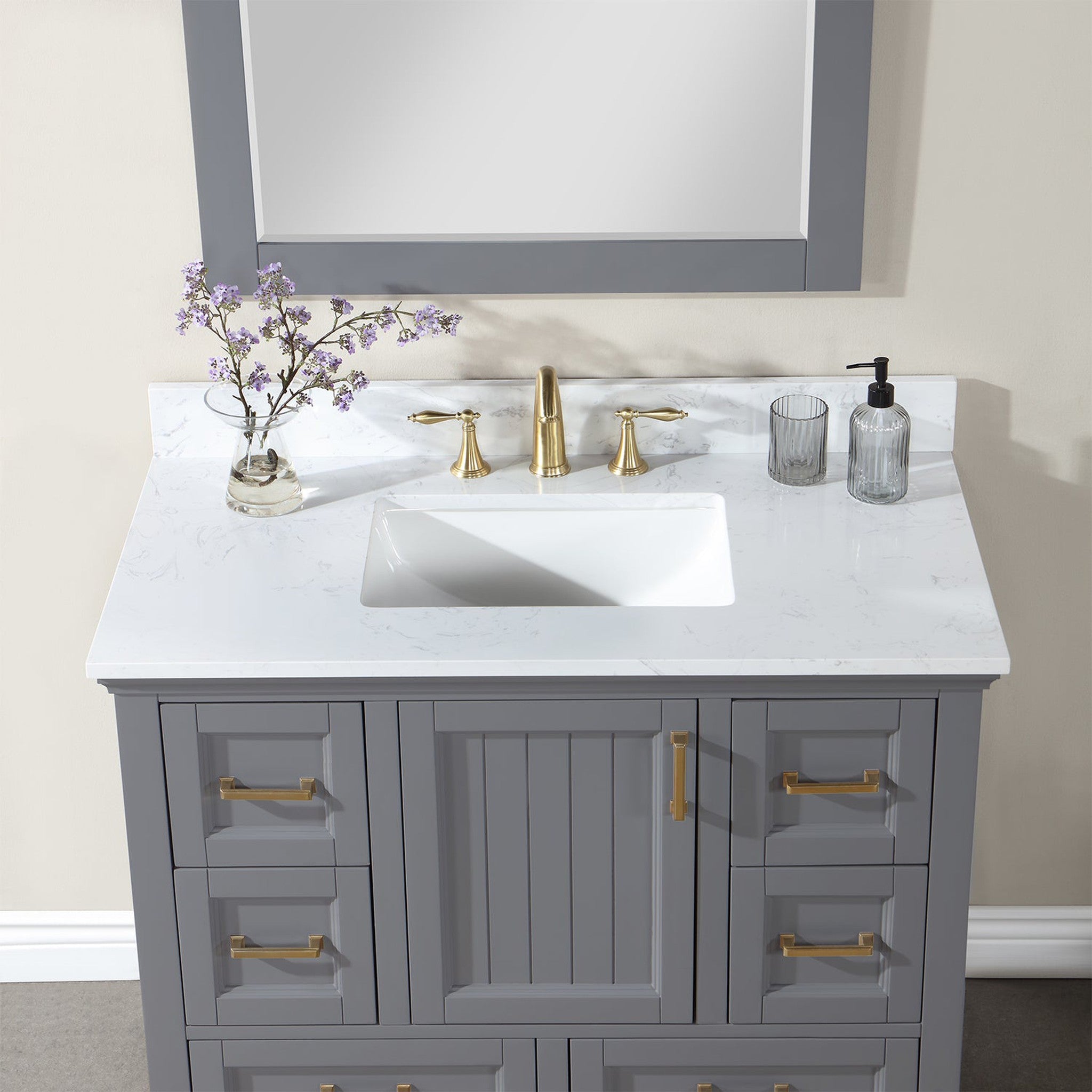 Isla 42" Single Bathroom Vanity Set in Gray and Composite Carrara White Stone Countertop with Mirror