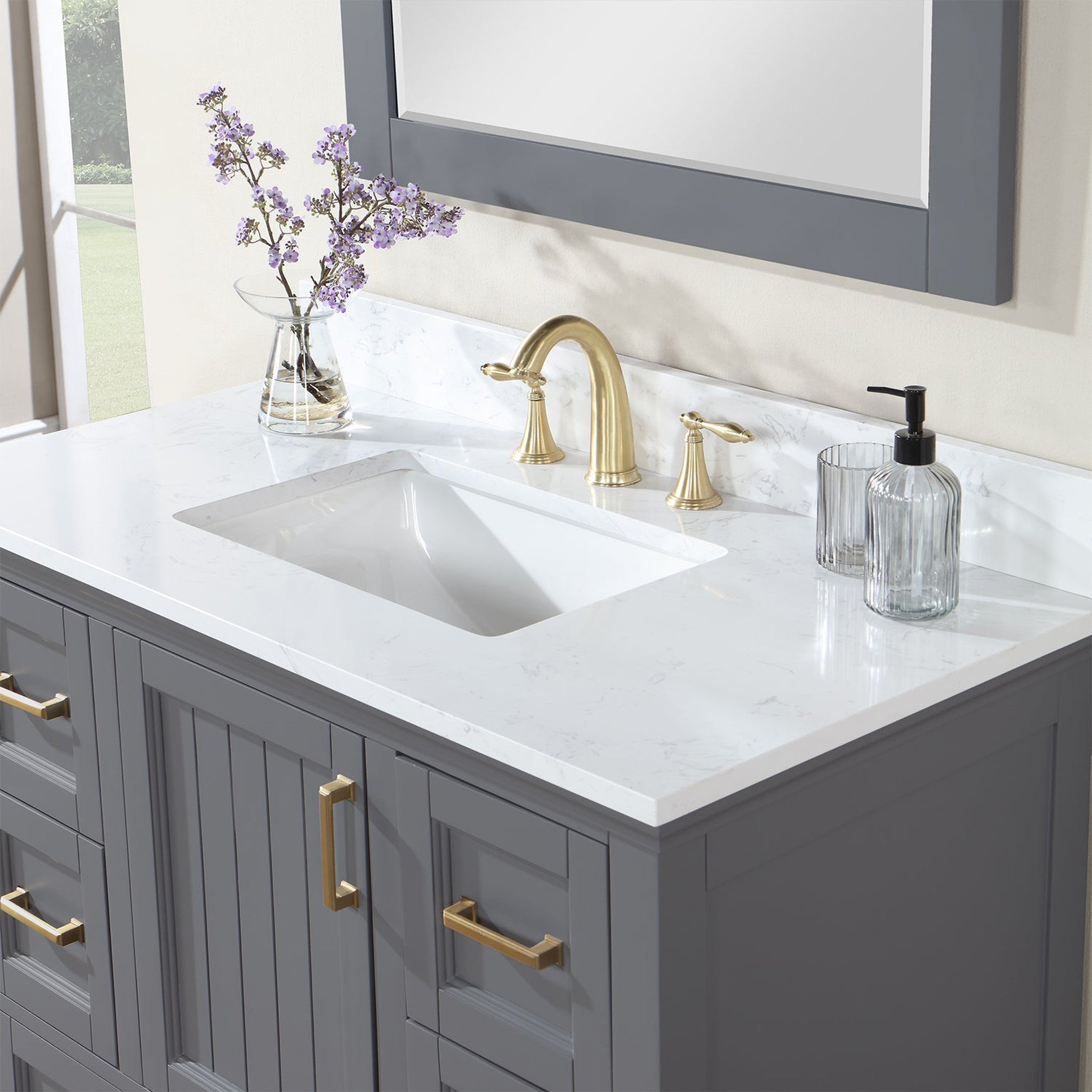 Isla 42" Single Bathroom Vanity Set in Gray and Composite Carrara White Stone Countertop with Mirror