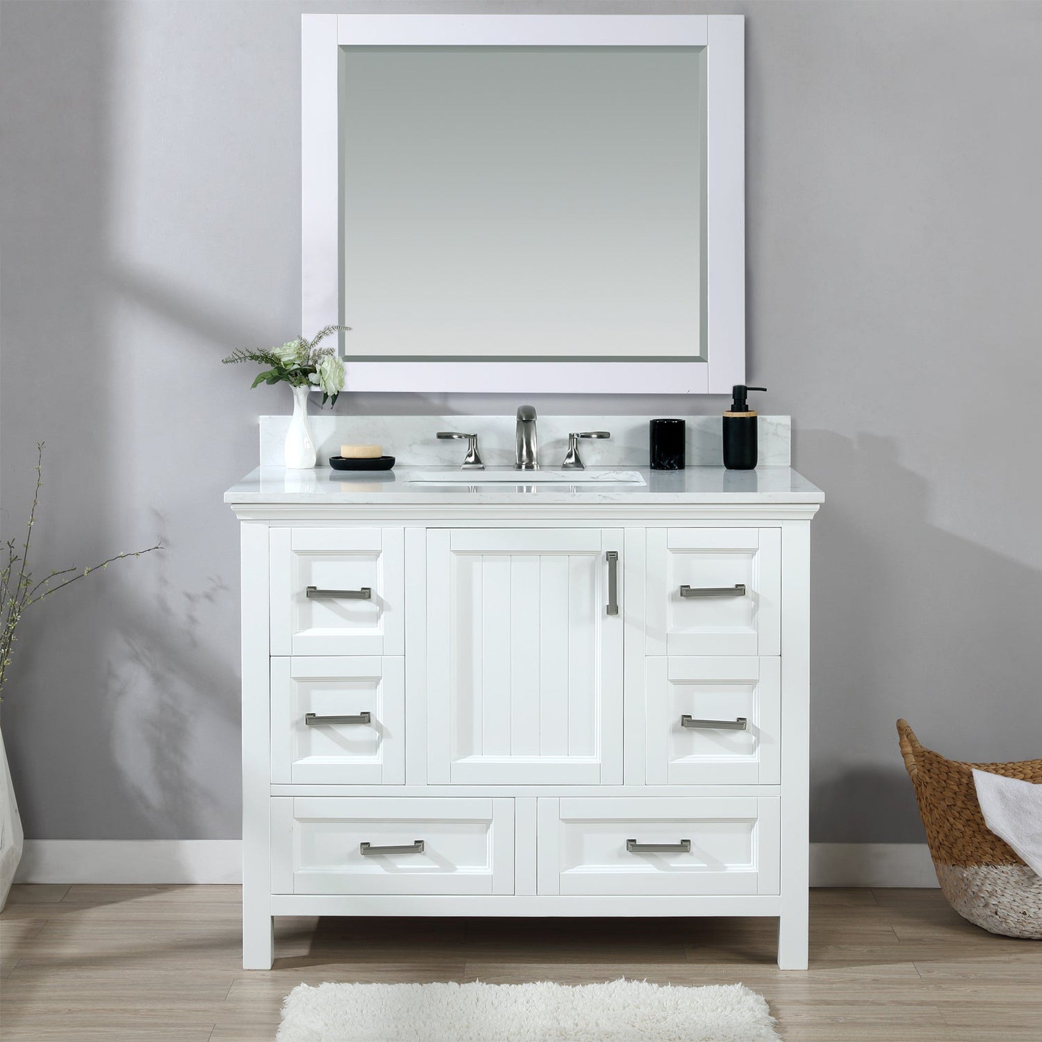 Isla 42" Single Bathroom Vanity Set in White and Carrara White Marble Countertop with Mirror