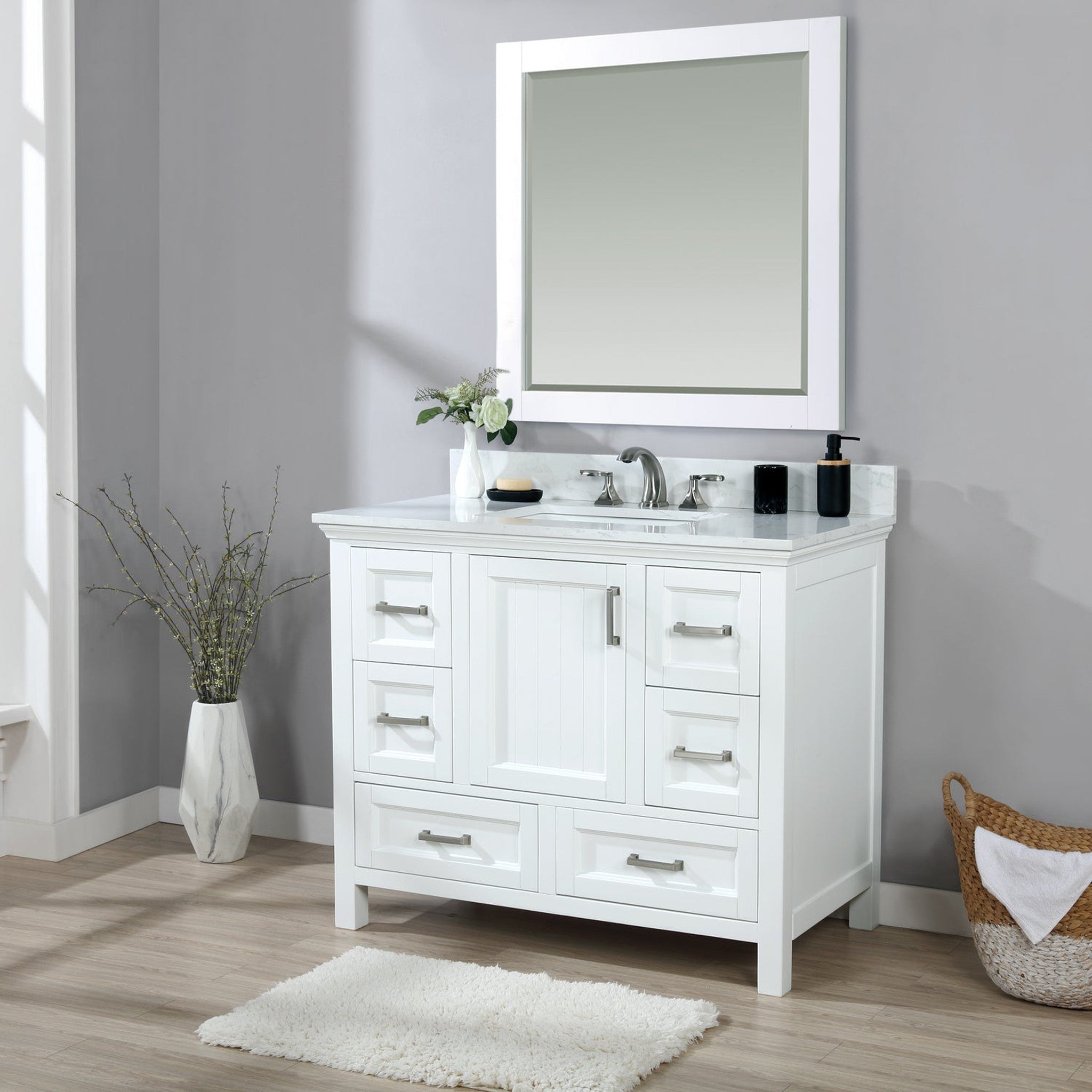 Isla 42" Single Bathroom Vanity Set in White and Carrara White Marble Countertop with Mirror