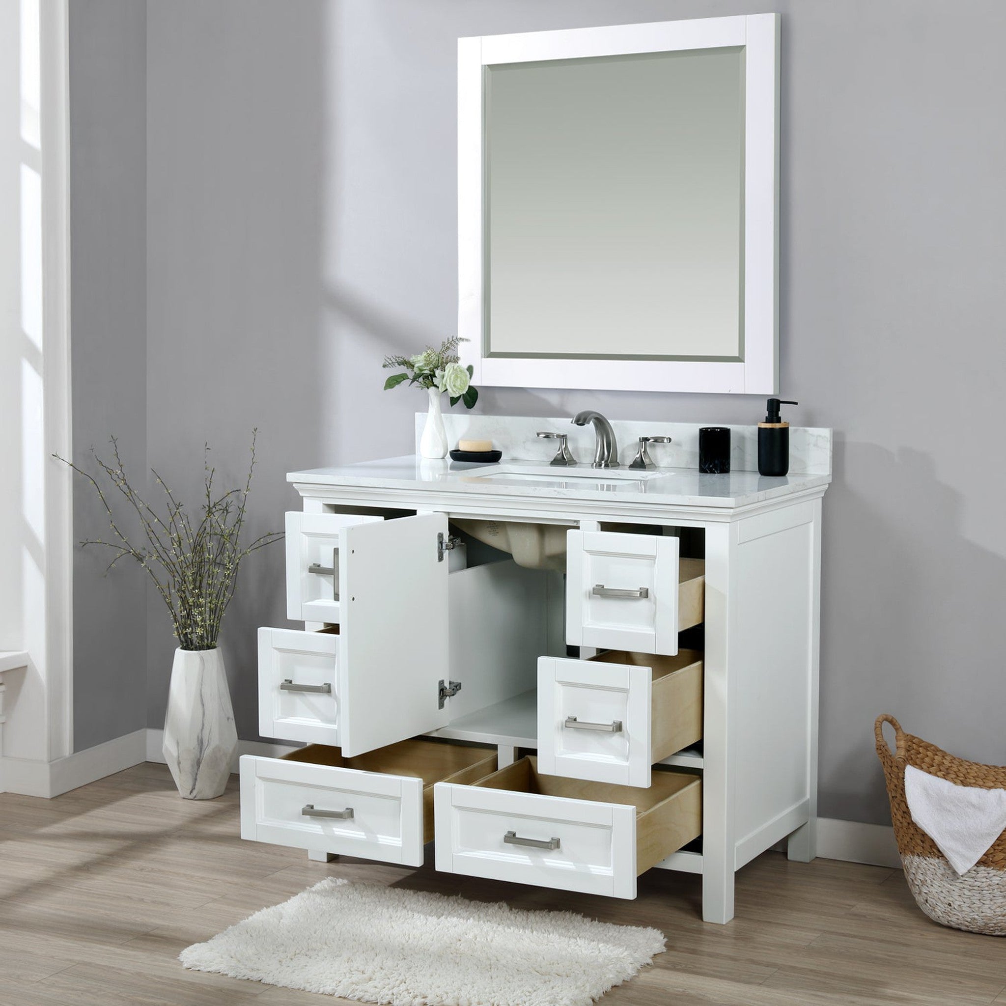 Isla 42" Single Bathroom Vanity Set in White and Carrara White Marble Countertop with Mirror