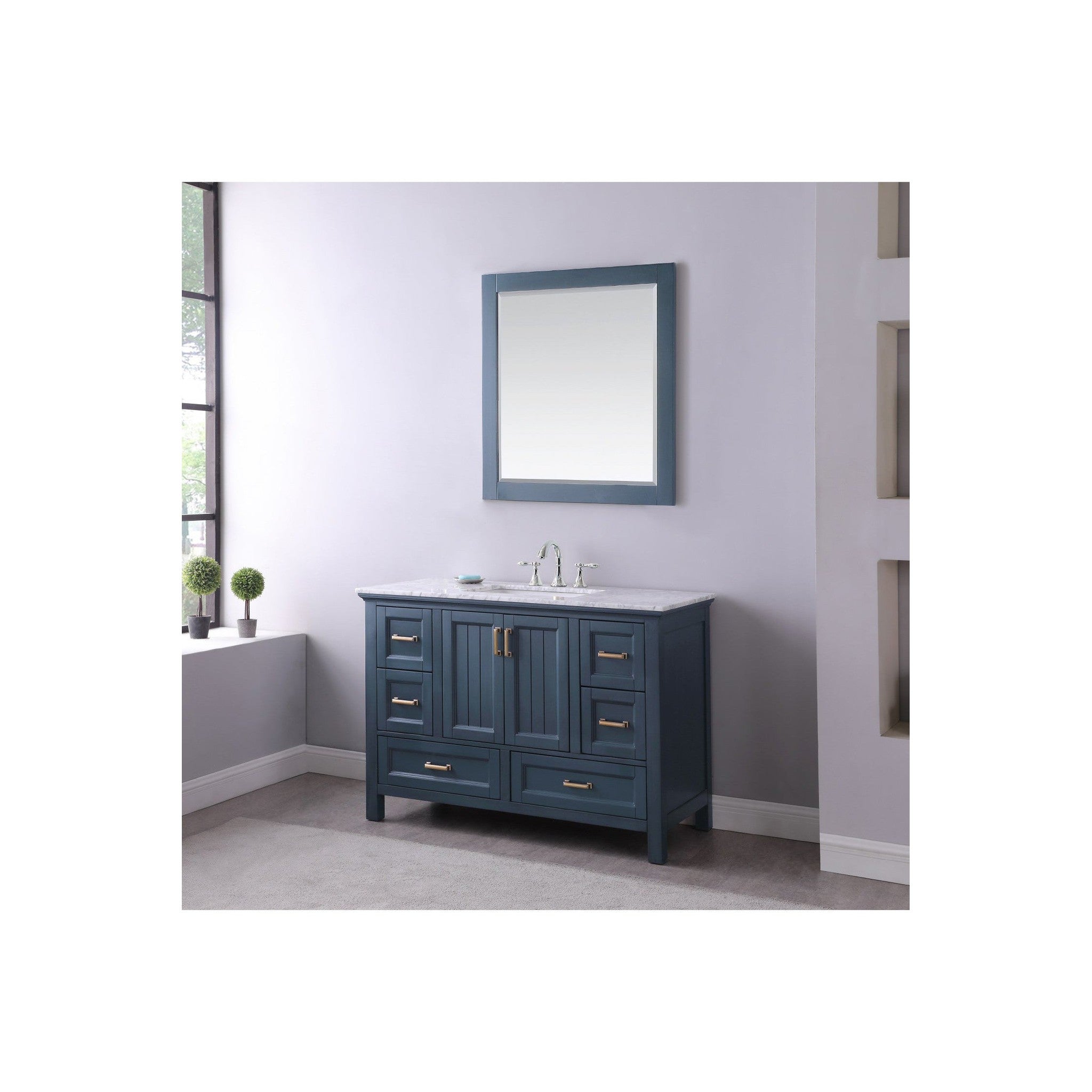 Isla 48" Single Bathroom Vanity Set in Classic Blue and Carrara White Marble Countertop with Mirror