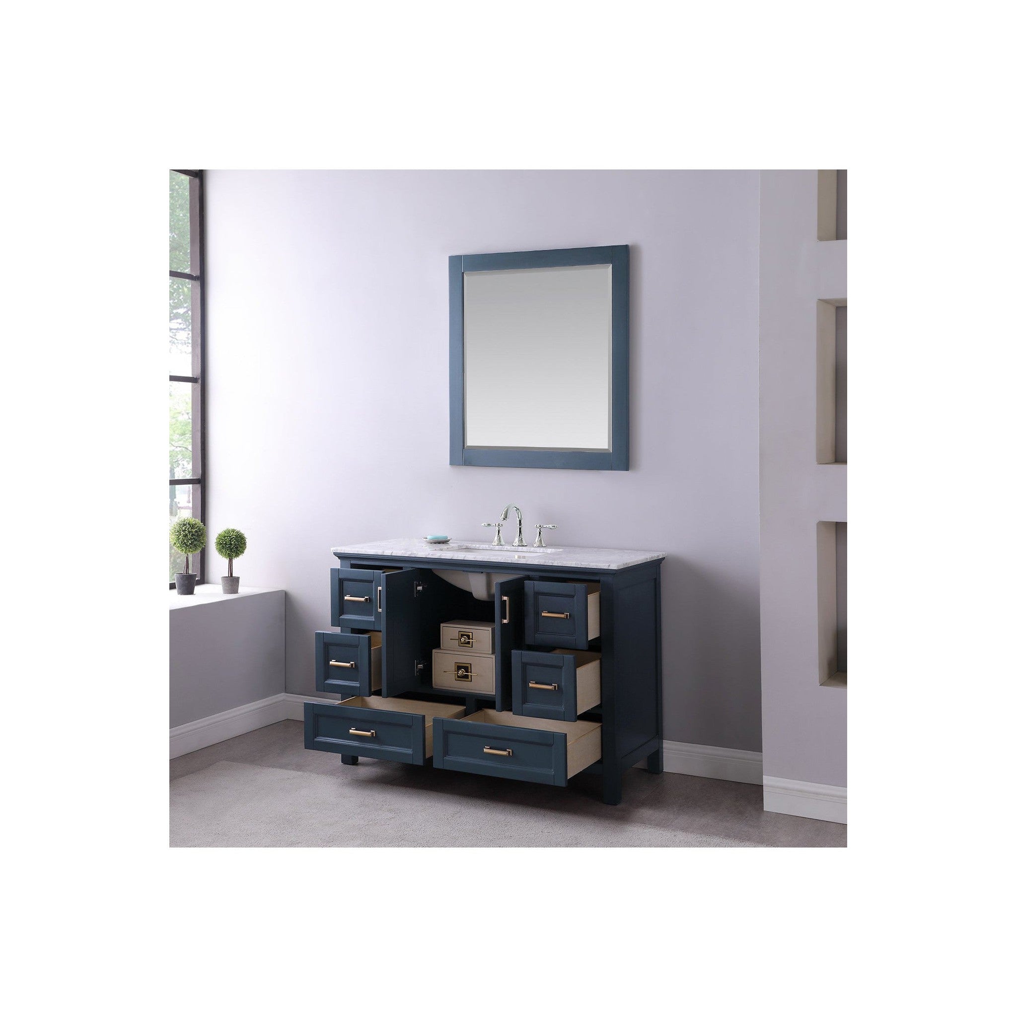 Isla 48" Single Bathroom Vanity Set in Classic Blue and Carrara White Marble Countertop with Mirror