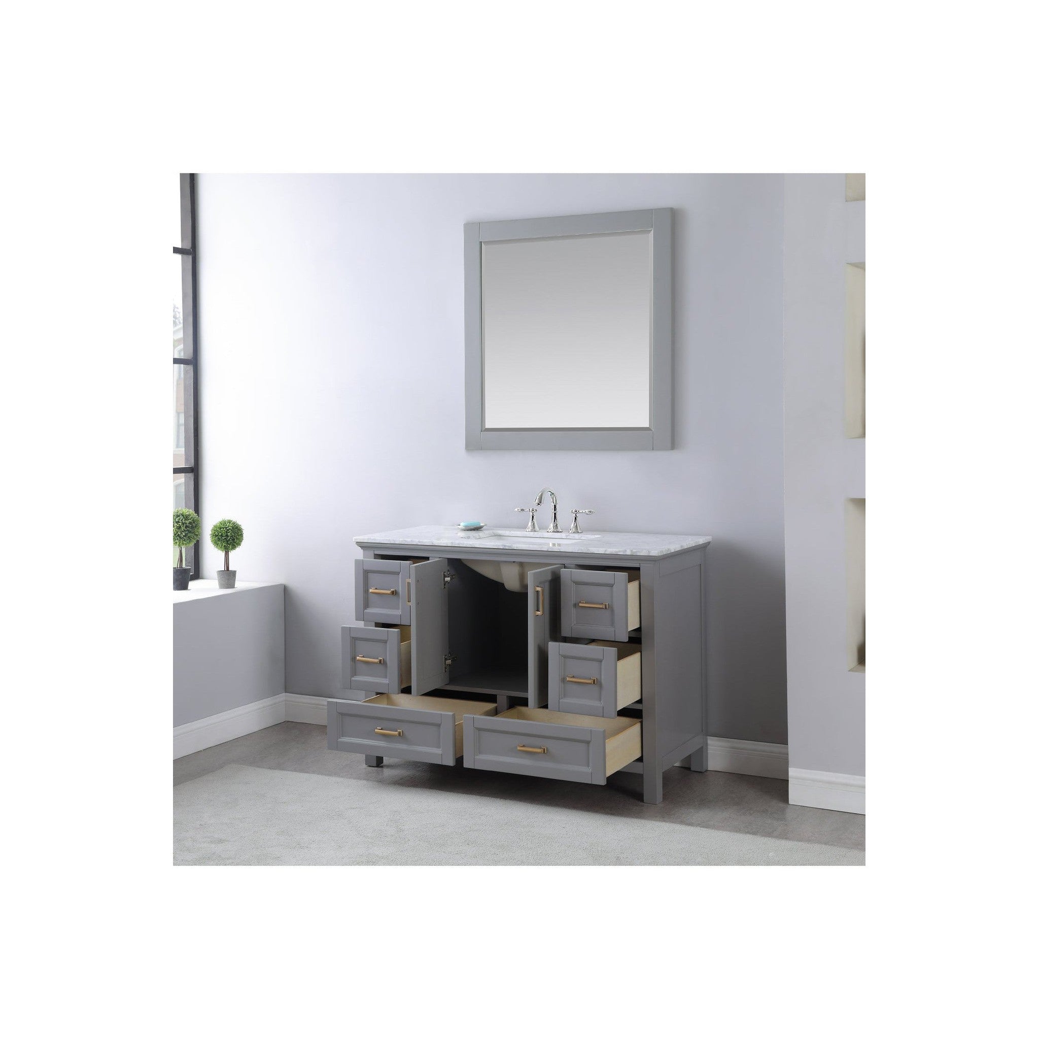 Isla 48" Single Bathroom Vanity Set in Gray and Carrara White Marble Countertop with Mirror