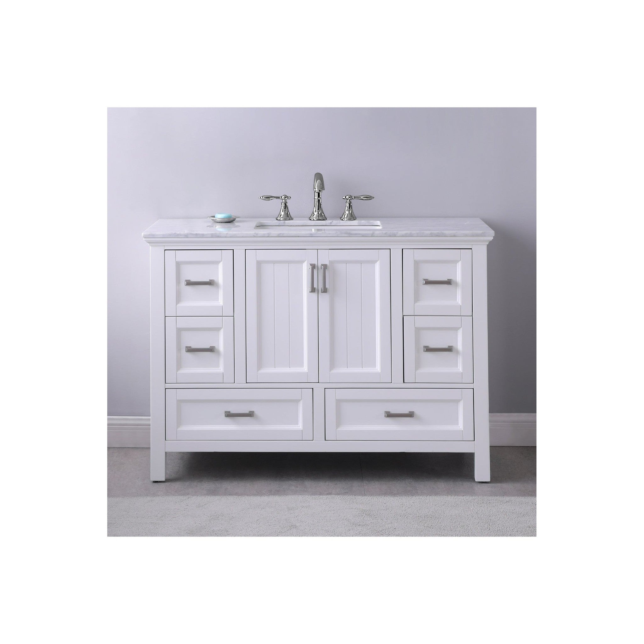 Isla 48" Single Bathroom Vanity Set in White and Carrara White Marble Countertop without Mirror