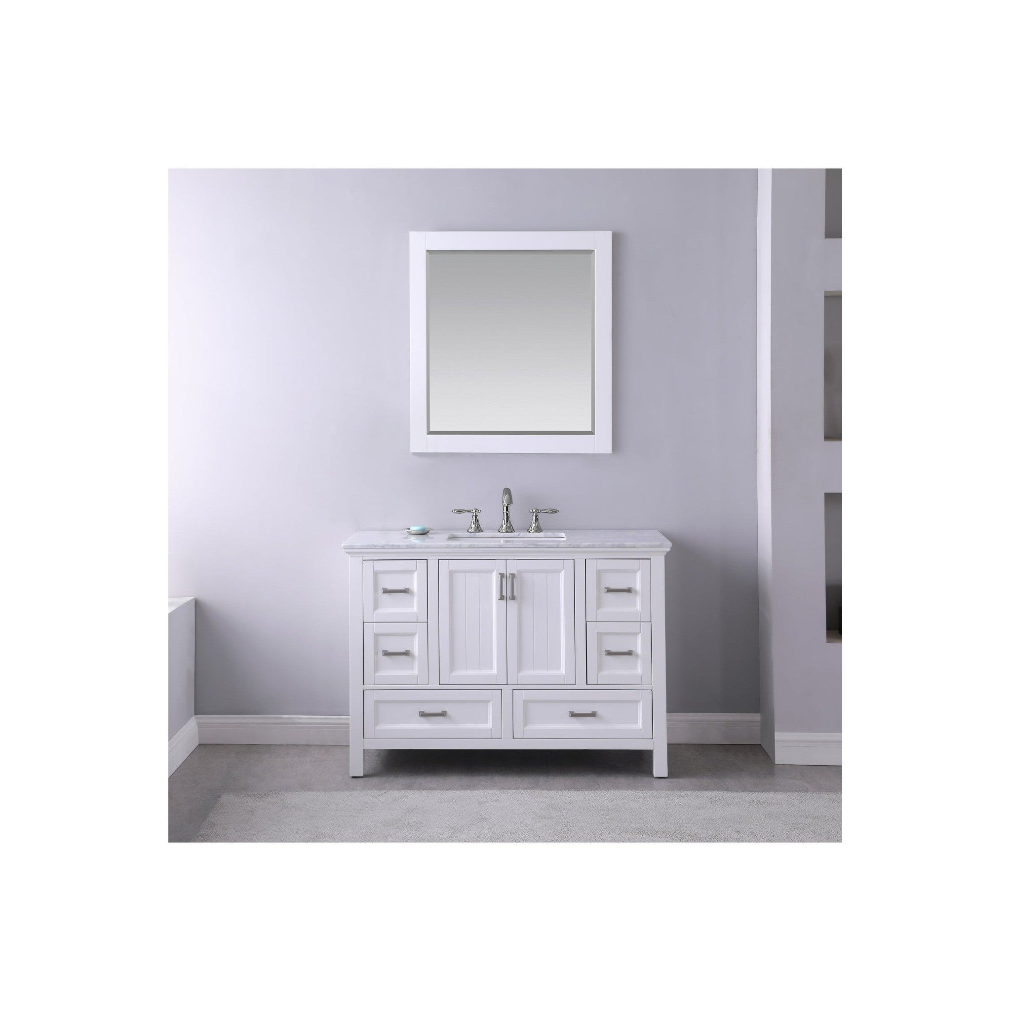 Isla 48" Single Bathroom Vanity Set in White and Carrara White Marble Countertop with Mirror