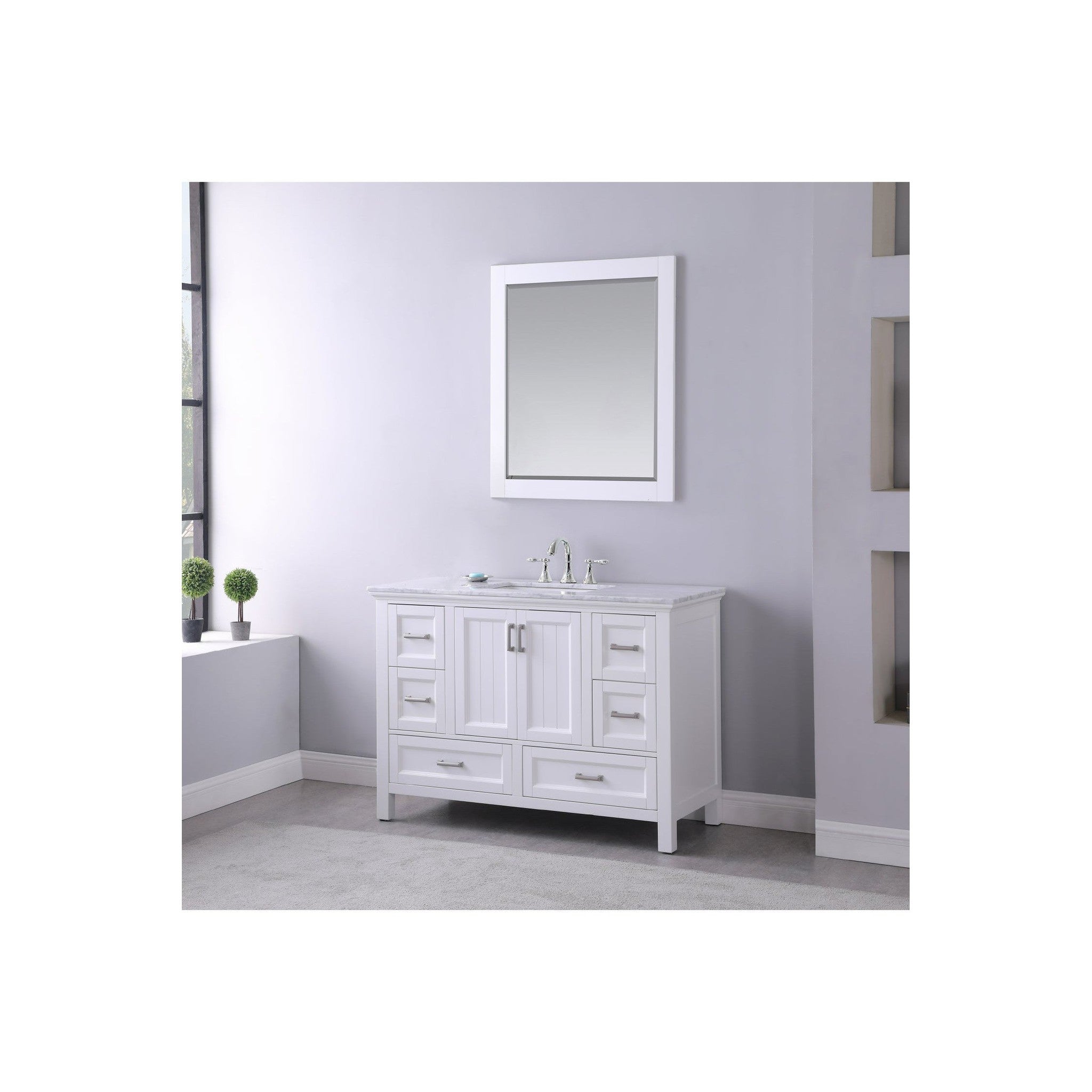 Isla 48" Single Bathroom Vanity Set in White and Carrara White Marble Countertop with Mirror