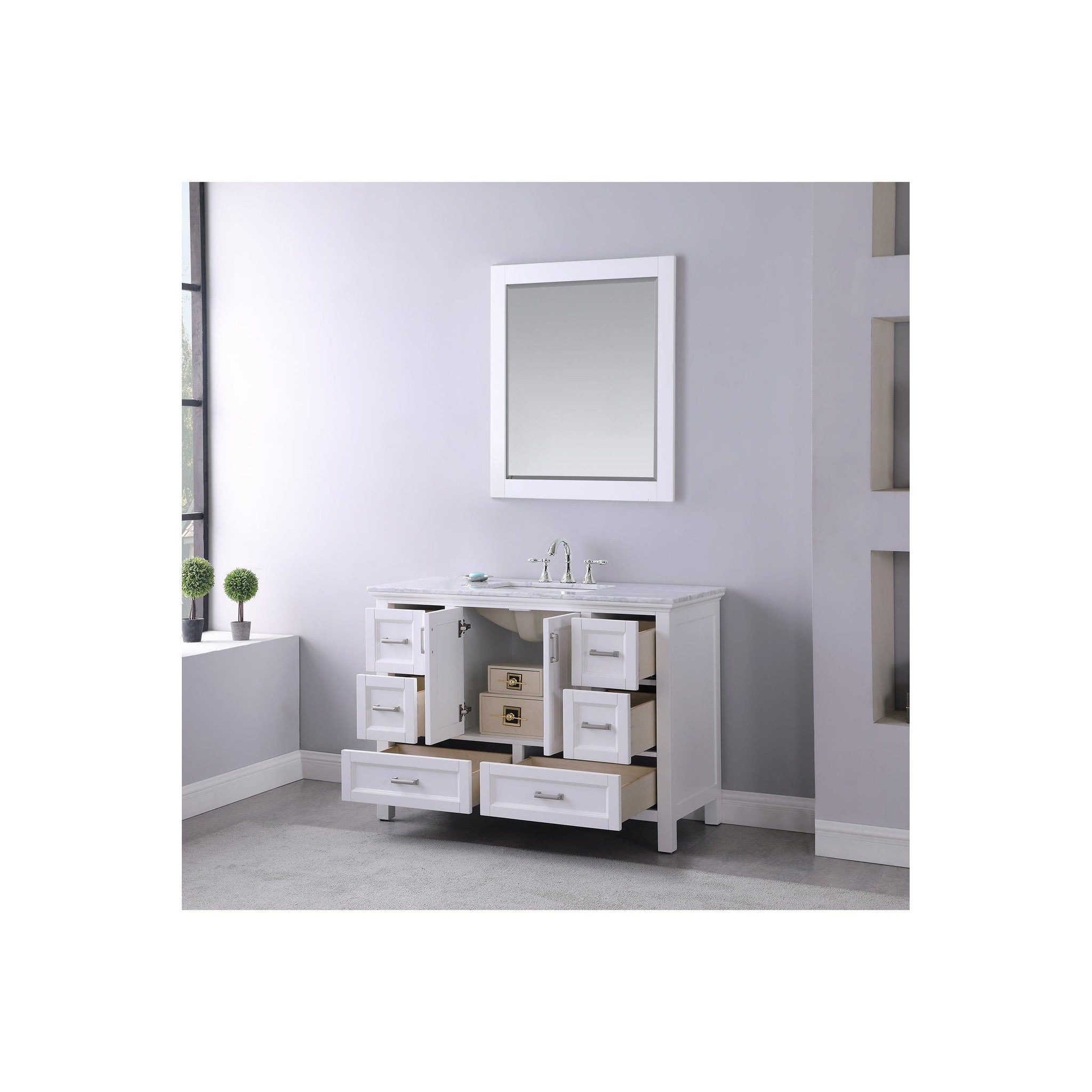 Isla 48" Single Bathroom Vanity Set in White and Carrara White Marble Countertop with Mirror