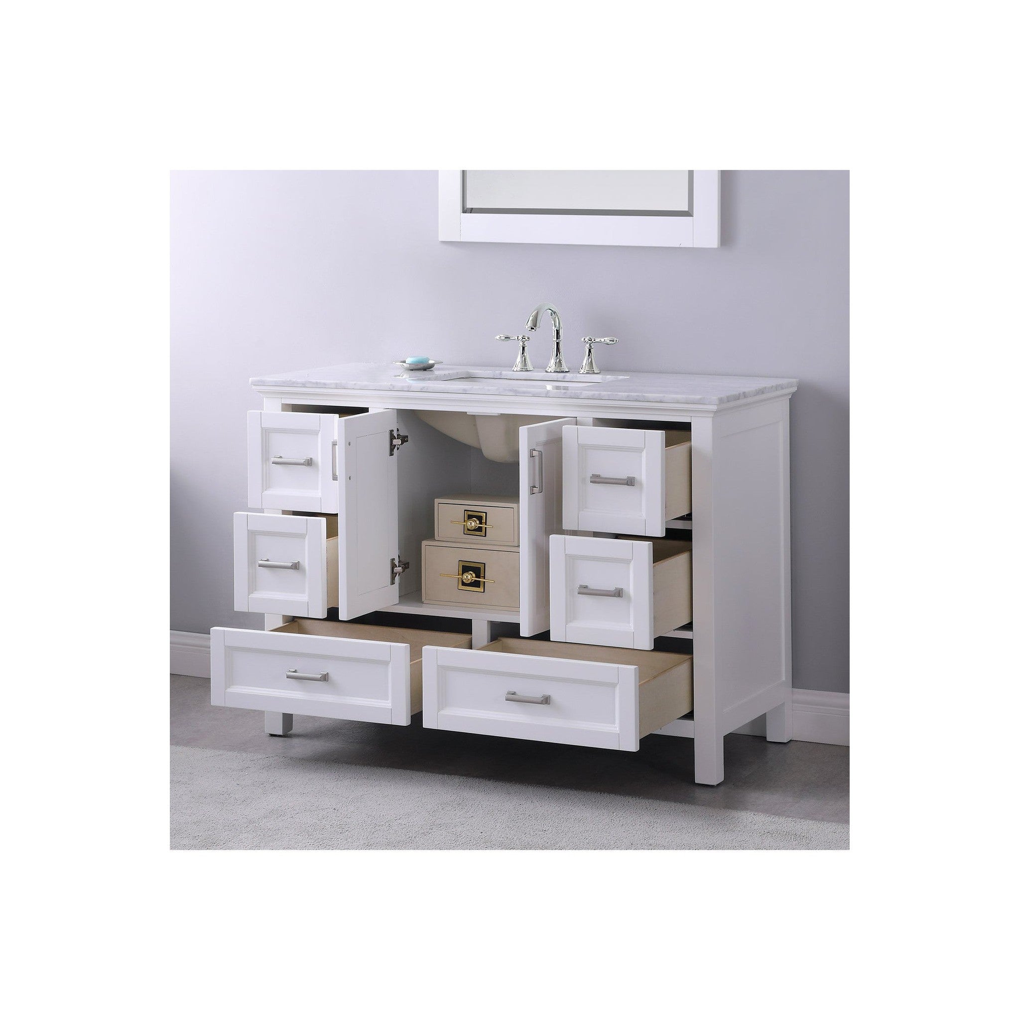 Isla 48" Single Bathroom Vanity Set in White and Carrara White Marble Countertop with Mirror